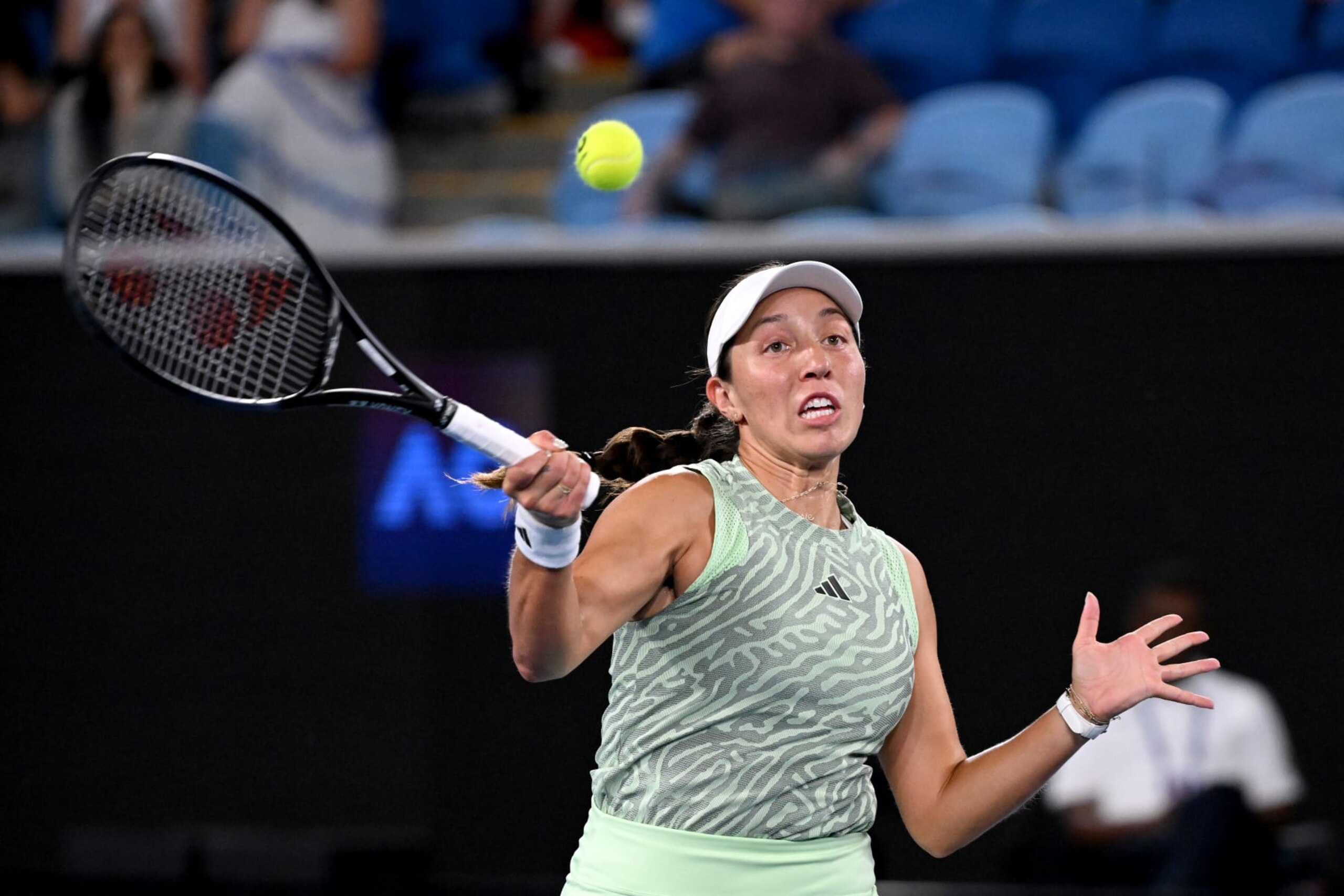 MELBOURNE, AUSTRALIA - JANUARY 16: Jessica Pegula of the United States plays a forehand in their first round match against Rebecca Marino of Canada during the 2024 Australian Open at Melbourne Park on January 16, 2024 in Melbourne, Australia. (Photo by Morgan Hancock/Getty Images) MELBOURNE, AUSTRALIA - JANUARY 16: Jessica Pegula of the United States plays a forehand in their first round match against Rebecca Marino of Canada during the 2024 Australian Open at Melbourne Park on January 16, 2024 in Melbourne, Australia. (Photo by Morgan Hancock/Getty Images)