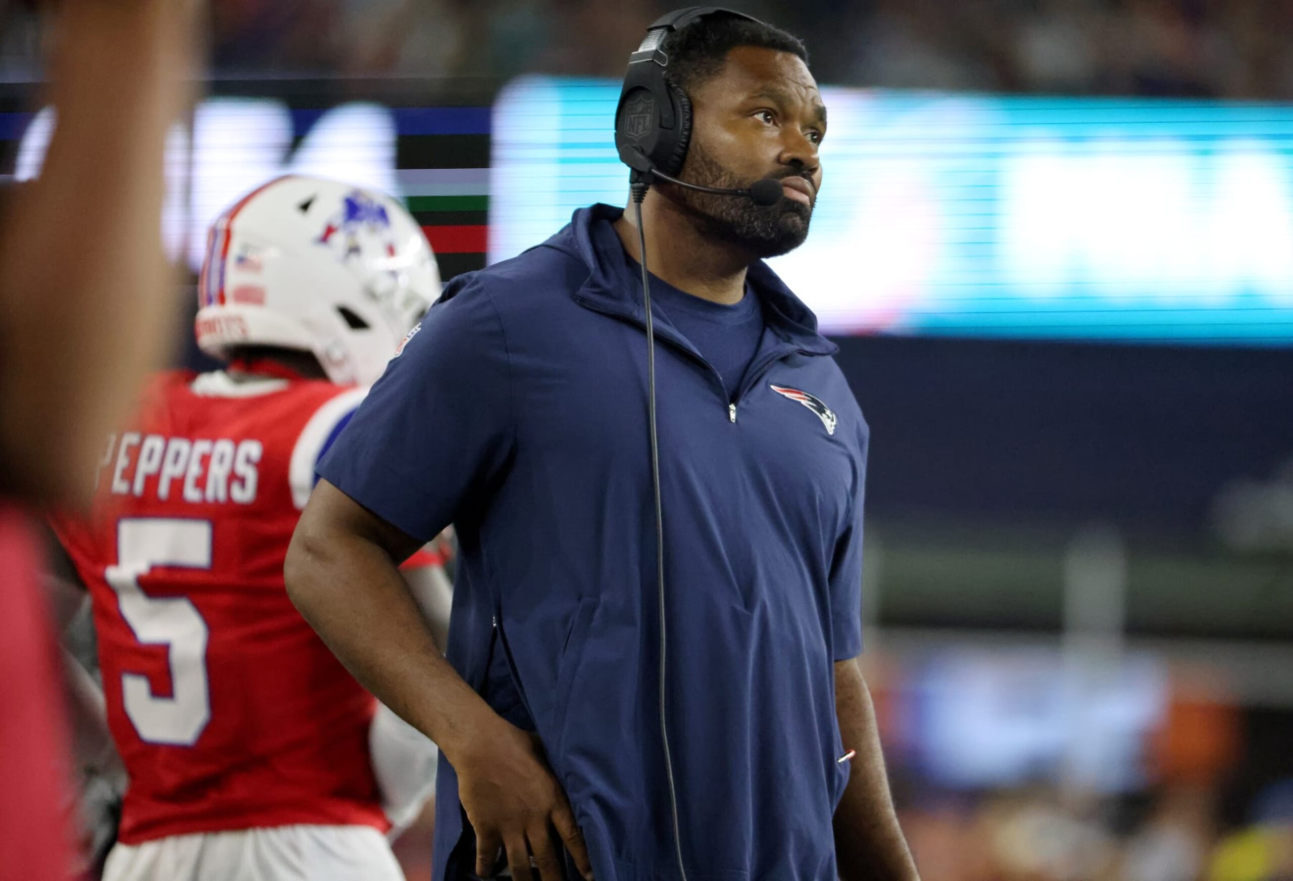 Foxborough, MA - September 17: New England Patriots linebackers coach Jerod Mayo watches the action in the second quarter. The Patriots lost to the Miami Dolphins, 24-17. (Photo by Matthew J. Lee/The Boston Globe via Getty Images)