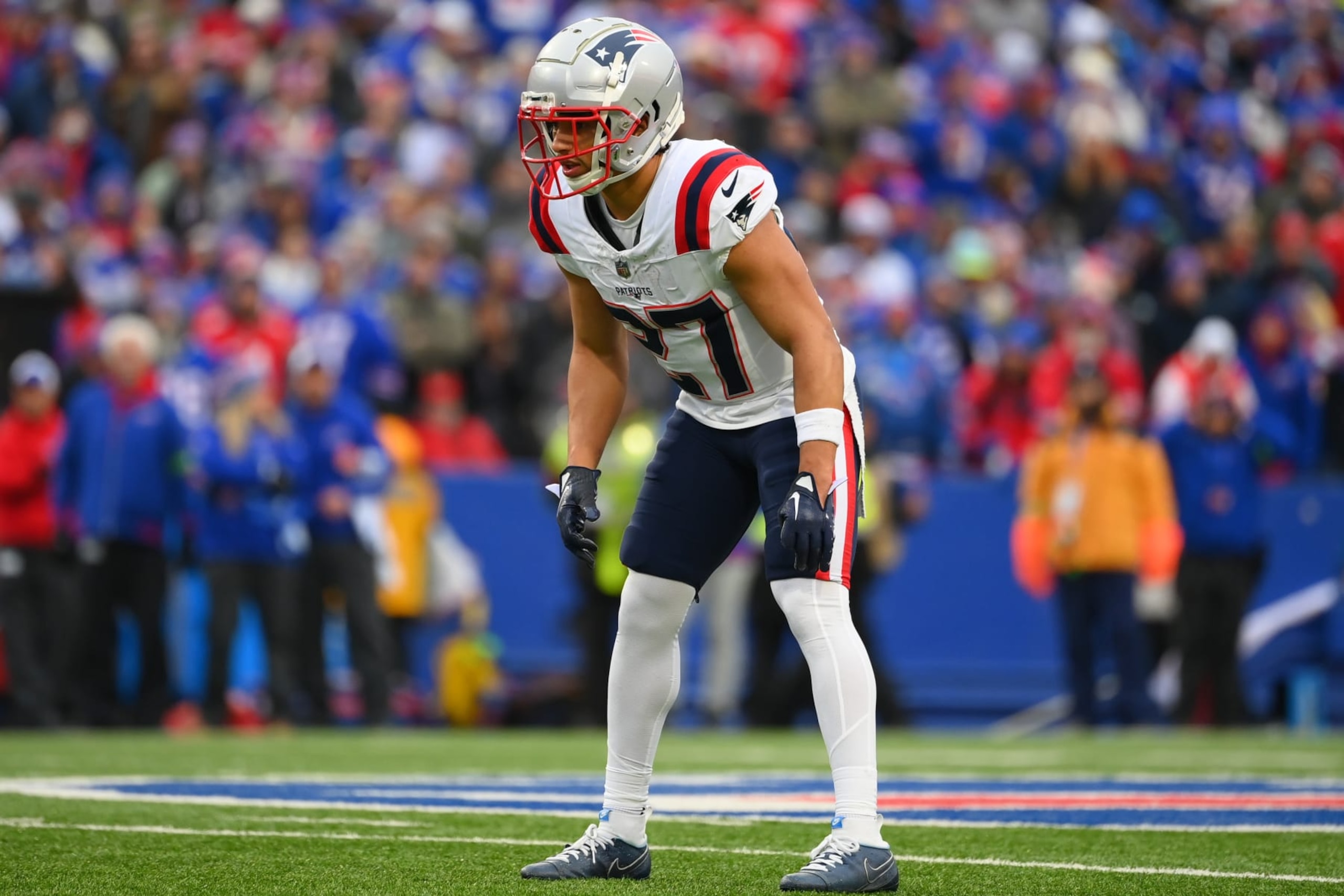 ORCHARD PARK, NEW YORK - DECEMBER 31: Myles Bryant #27 of the New England Patriots against the Buffalo Bills during the first half at Highmark Stadium on December 31, 2023 in Orchard Park, New York. The Bills won 27-21. (Photo by Rich Barnes/Getty Images)