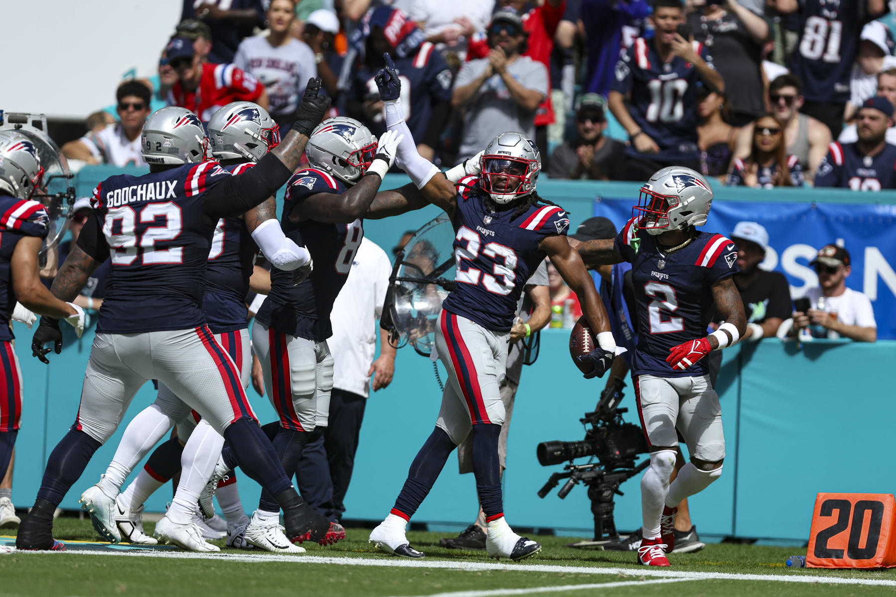 MIAMI GARDENS, FL - OCTOBER 29: Kyle Dugger #23 of the New England Patriots celebrates during an NFL football game against the Miami Dolphins at Hard Rock Stadium on October 29, 2023 in Miami Gardens, Florida. (Photo by Perry Knotts/Getty Images)
