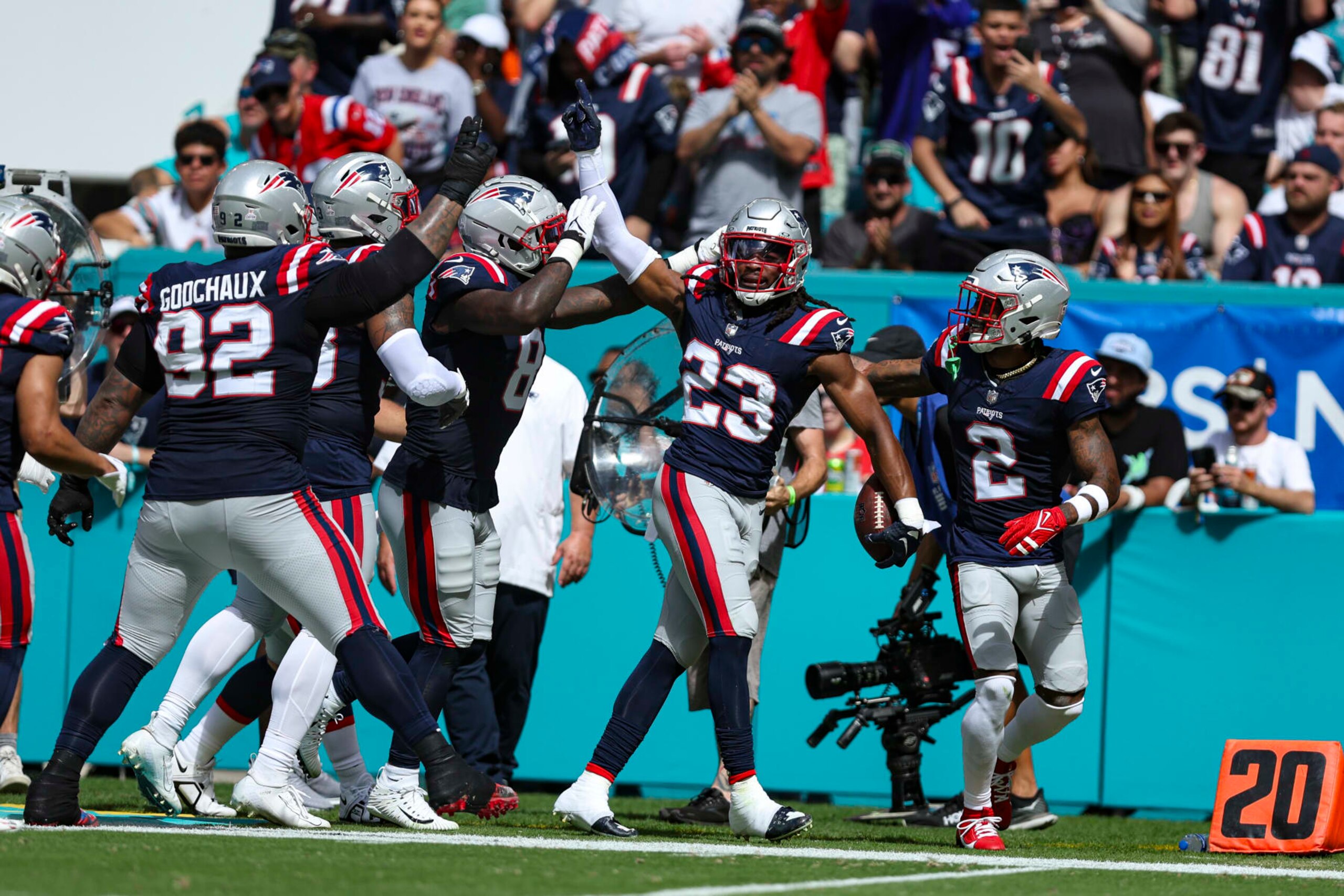 MIAMI GARDENS, FL - OCTOBER 29: Kyle Dugger #23 of the New England Patriots celebrates during an NFL football game against the Miami Dolphins at Hard Rock Stadium on October 29, 2023 in Miami Gardens, Florida. (Photo by Perry Knotts/Getty Images)