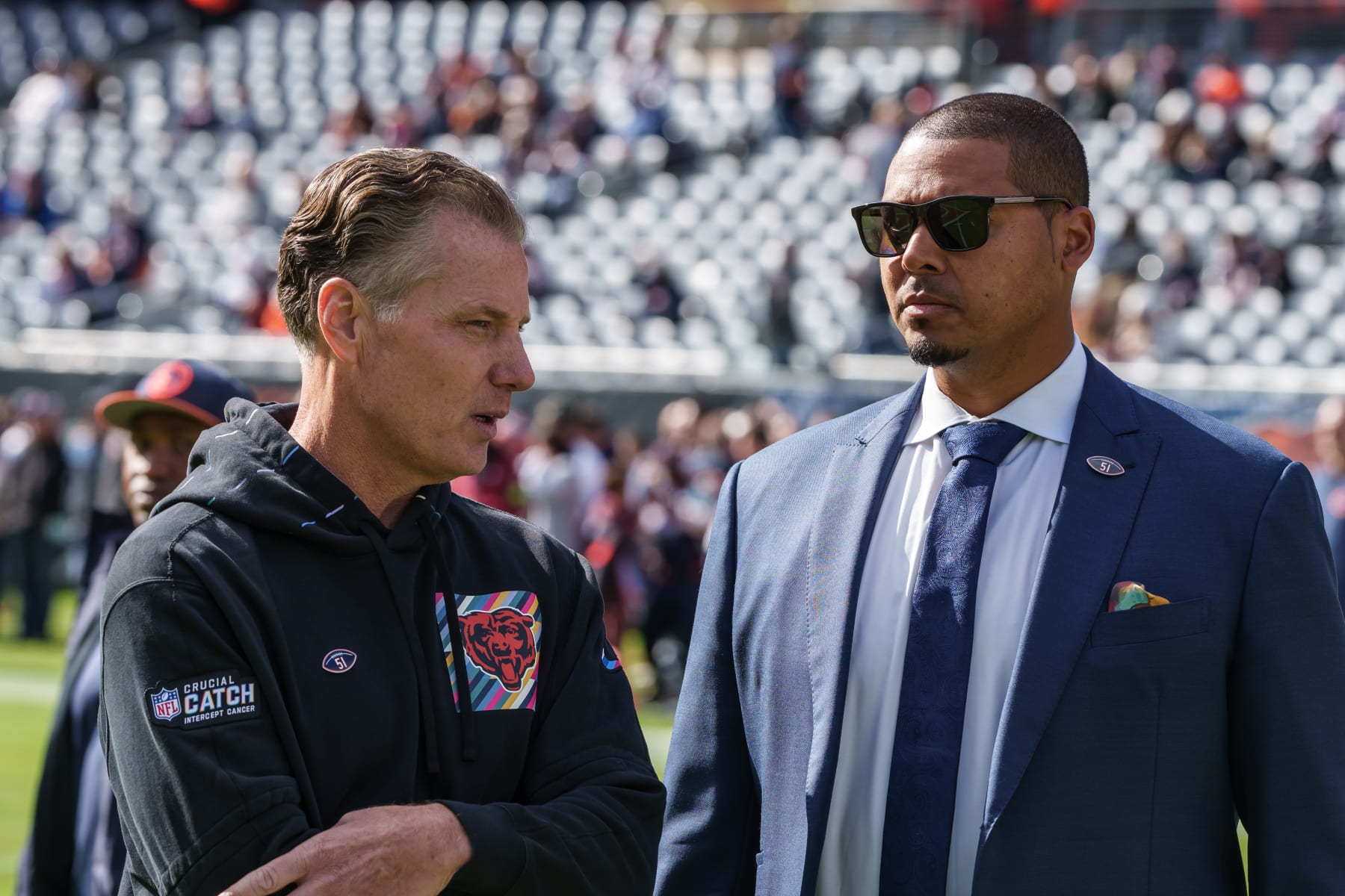 CHICAGO, IL - OCTOBER 15:  Head coach Matt Eberflus of the Chicago Bears and general manager Ryan Poles of the Chicago Bears chat prior to an NFL football game against the Minnesota Vikings at Soldier Field on October 15, 2023 in Chicago, Illinois. (Photo by Todd Rosenberg/Getty Images)