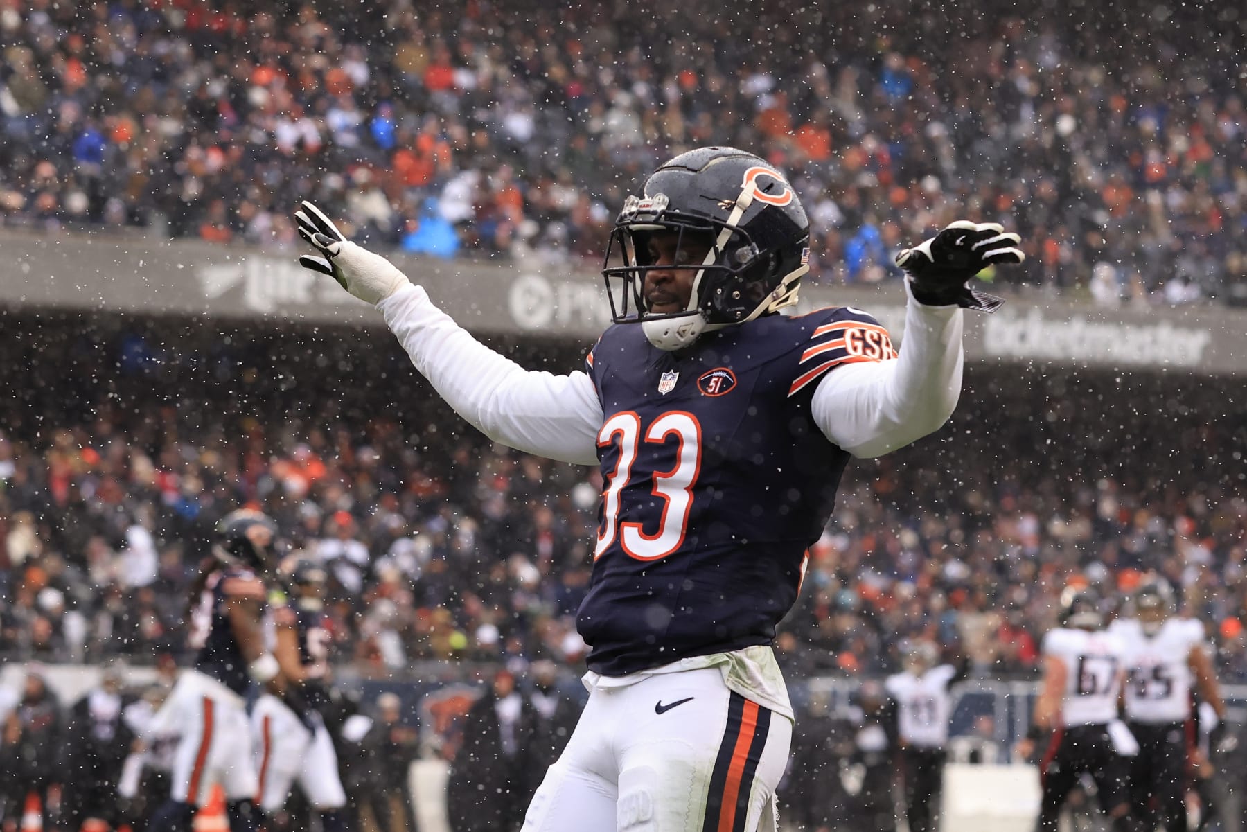 CHICAGO, ILLINOIS - DECEMBER 31: Jaylon Johnson #33 of the Chicago Bears reacts in the game against the Atlanta Falcons at Soldier Field on December 31, 2023 in Chicago, Illinois. (Photo by Justin Casterline/Getty Images)