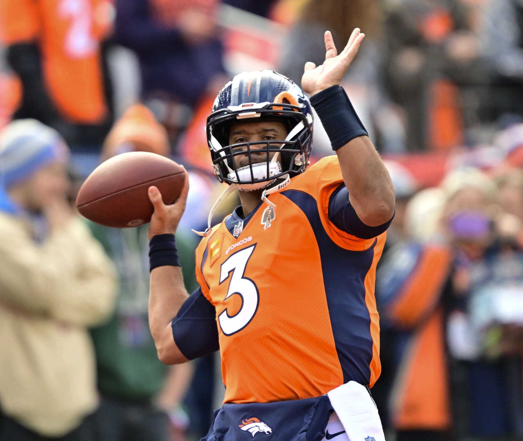DENVER, CO - DECEMBER 31: Denver Broncos quarterback Russell Wilson (3) during warmups before the game against the Los Angeles Chargers at Empower Field at Mile High Denver, Colorado on Sunday, December 31, 2023. (Photo by Andy Cross/MediaNews Group/The Denver Post via Getty Images)