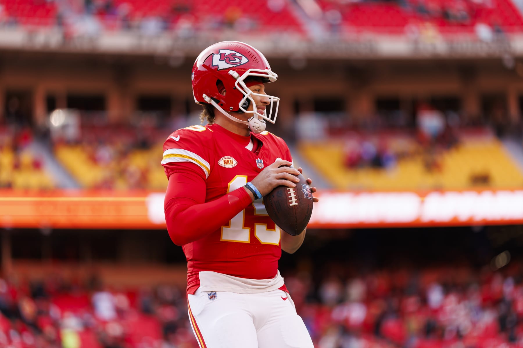 KANSAS CITY, MISSOURI - DECEMBER 10: Patrick Mahomes #15 of the Kansas City Chiefs looks to throw a pass during pregame warmups before an NFL football game against the Buffalo Bills at GEHA Field at Arrowhead Stadium on December 10, 2023 in Kansas City, Missouri. (Photo by Ryan Kang/Getty Images)