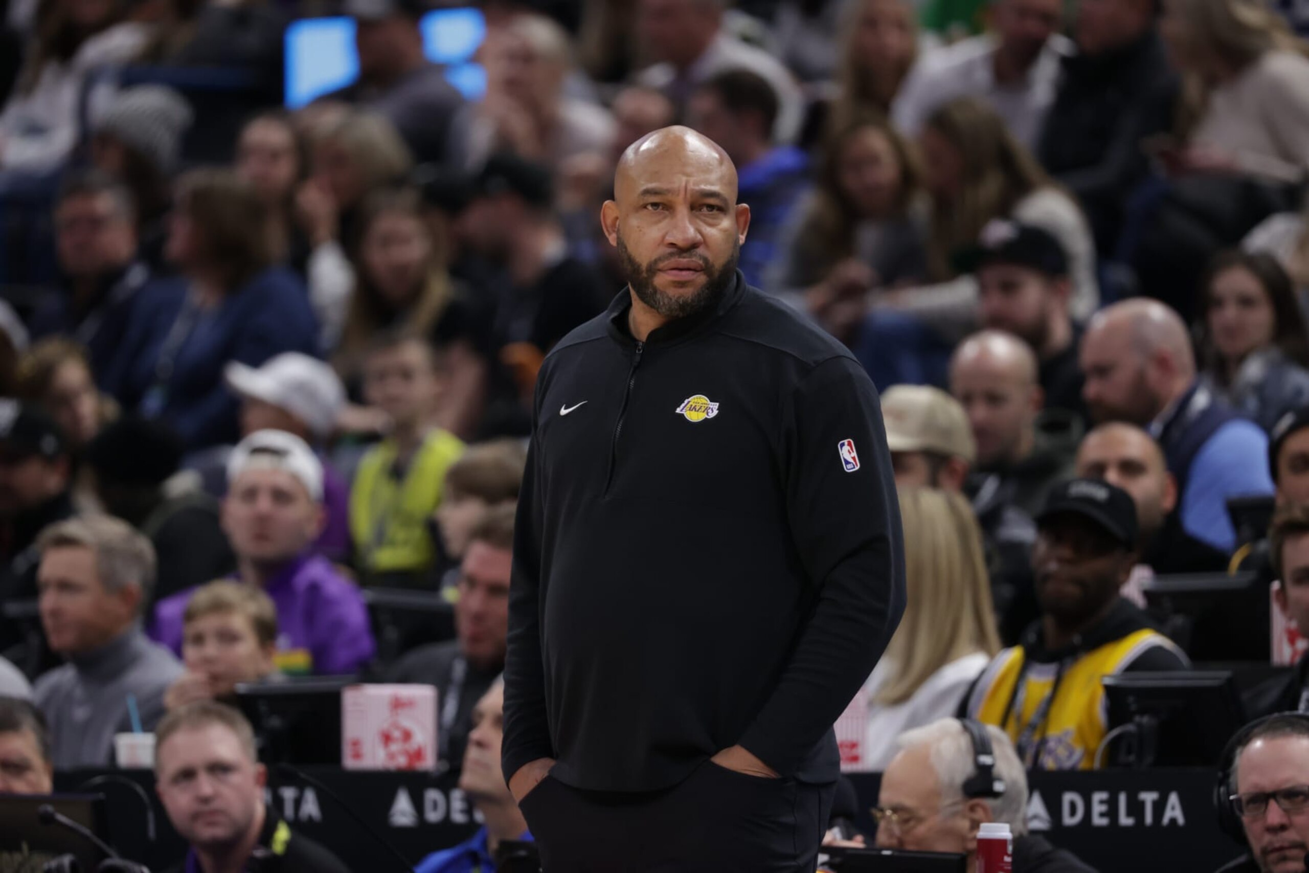 SALT LAKE CITY, UT - JANUARY 13: Head Coach Darvin Ham of the Los Angeles Lakers look on during the game against the Utah Jazz on January 13, 2024 at vivint.SmartHome Arena in Salt Lake City, Utah. NOTE TO USER: User expressly acknowledges and agrees that, by downloading and or using this Photograph, User is consenting to the terms and conditions of the Getty Images License Agreement. Mandatory Copyright Notice: Copyright 2024 NBAE (Photo by Chris Nicoll/NBAE via Getty Images)