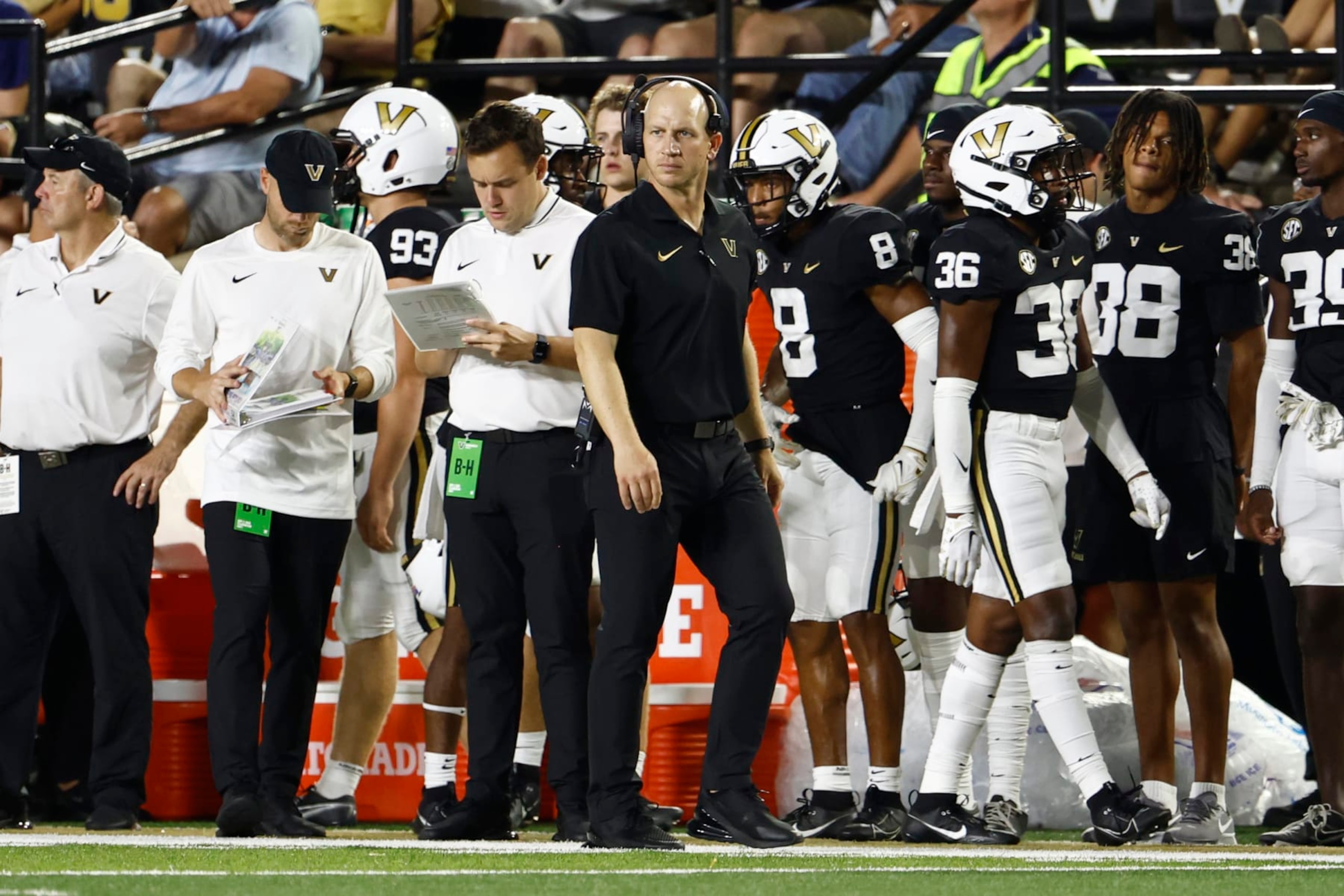 NASHVILLE, TENNESSEE - SEPTEMBER 02: Head Coach Clark Lea of the Vanderbilt Commodores looks on during the first half of the game against the Alabama A&M Bulldogs at FirstBank Stadium on September 02, 2023 in Nashville, Tennessee. (Photo by Johnnie Izquierdo/Getty Images)