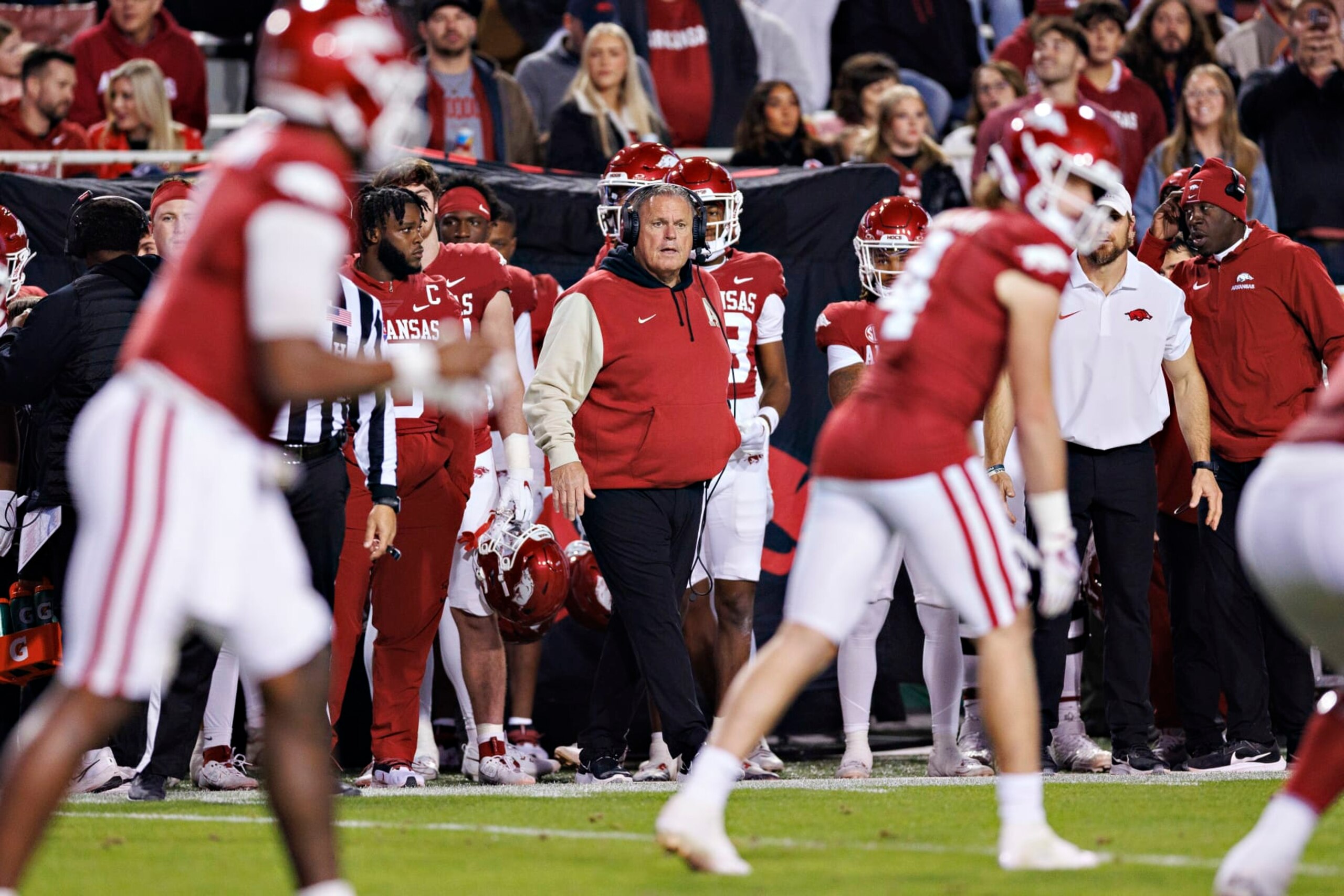 FAYETTEVILLE, ARKANSAS - NOVEMBER 18: Head Coach Sam Pittman of the Arkansas Razorbacks on the sidelines in the second half of the game against the FIU Panthers at Donald W. Reynolds Razorback Stadium on November 18, 2023 in Fayetteville, Arkansas. The Razorbacks defeated the Panthers 44-20.  (Photo by Wesley Hitt/Getty Images)