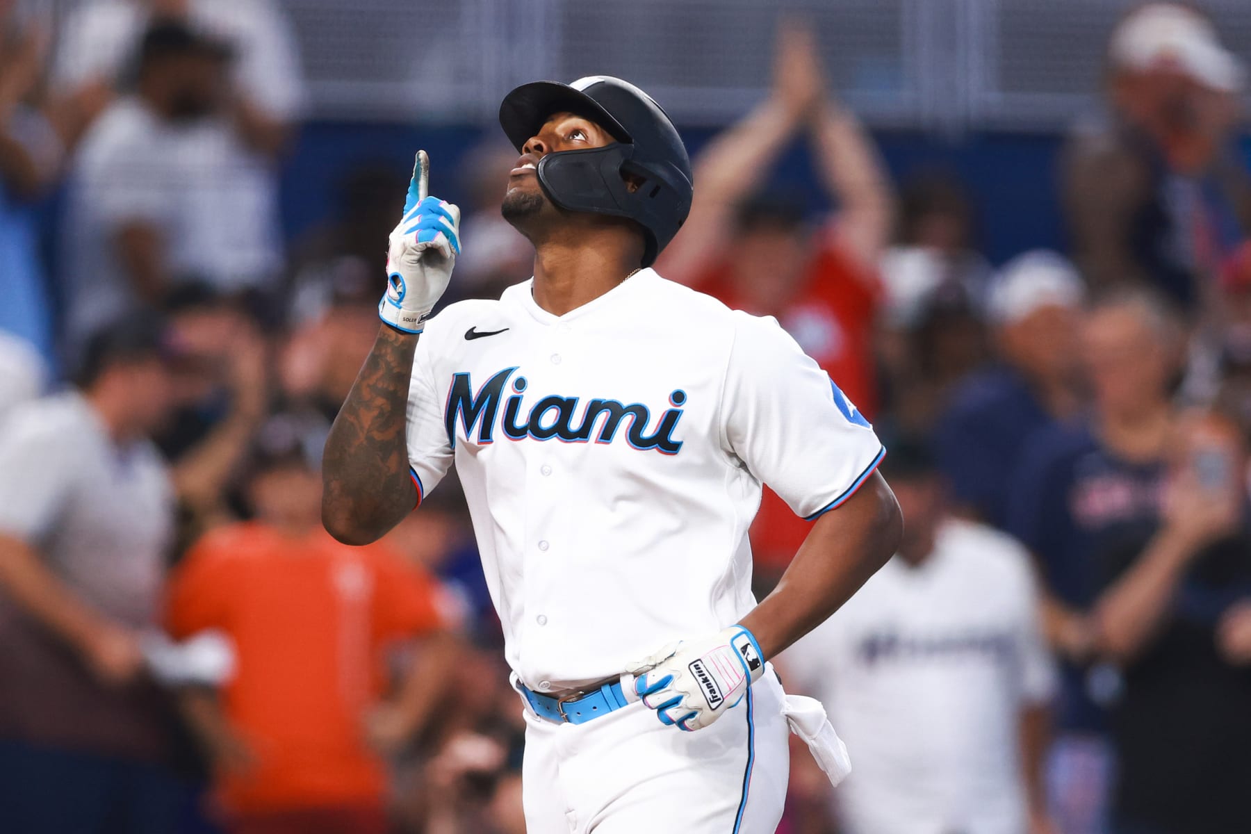 MIAMI, FLORIDA - SEPTEMBER 17: Jorge Soler #12 of the Miami Marlins celebrates after hitting a home run against the Atlanta Braves during the sixth inning at loanDepot park on September 17, 2023 in Miami, Florida. (Photo by Megan Briggs/Getty Images)
