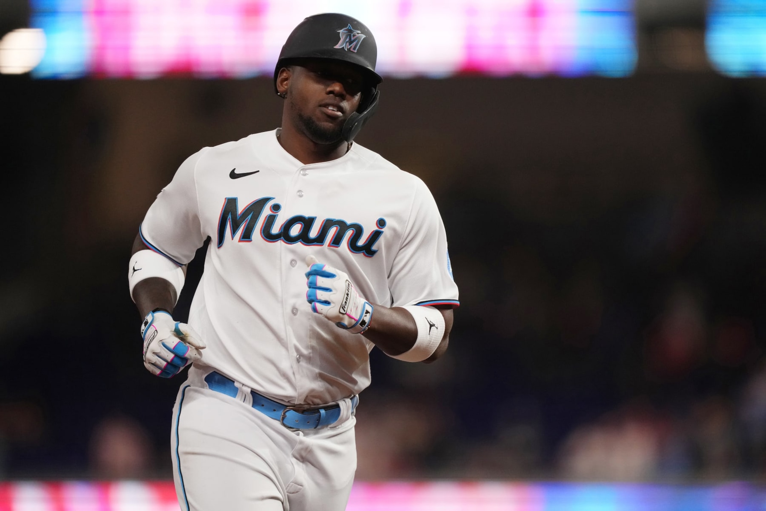 MIAMI, FLORIDA - AUGUST 2: Jorge Soler #12 of the Miami Marlins rounds the bases after hitting a solo homerun Philadelphia Phillies at loanDepot park on August 2, 2023 in Miami, Florida. (Photo by Jasen Vinlove/Miami Marlins/Getty Images)