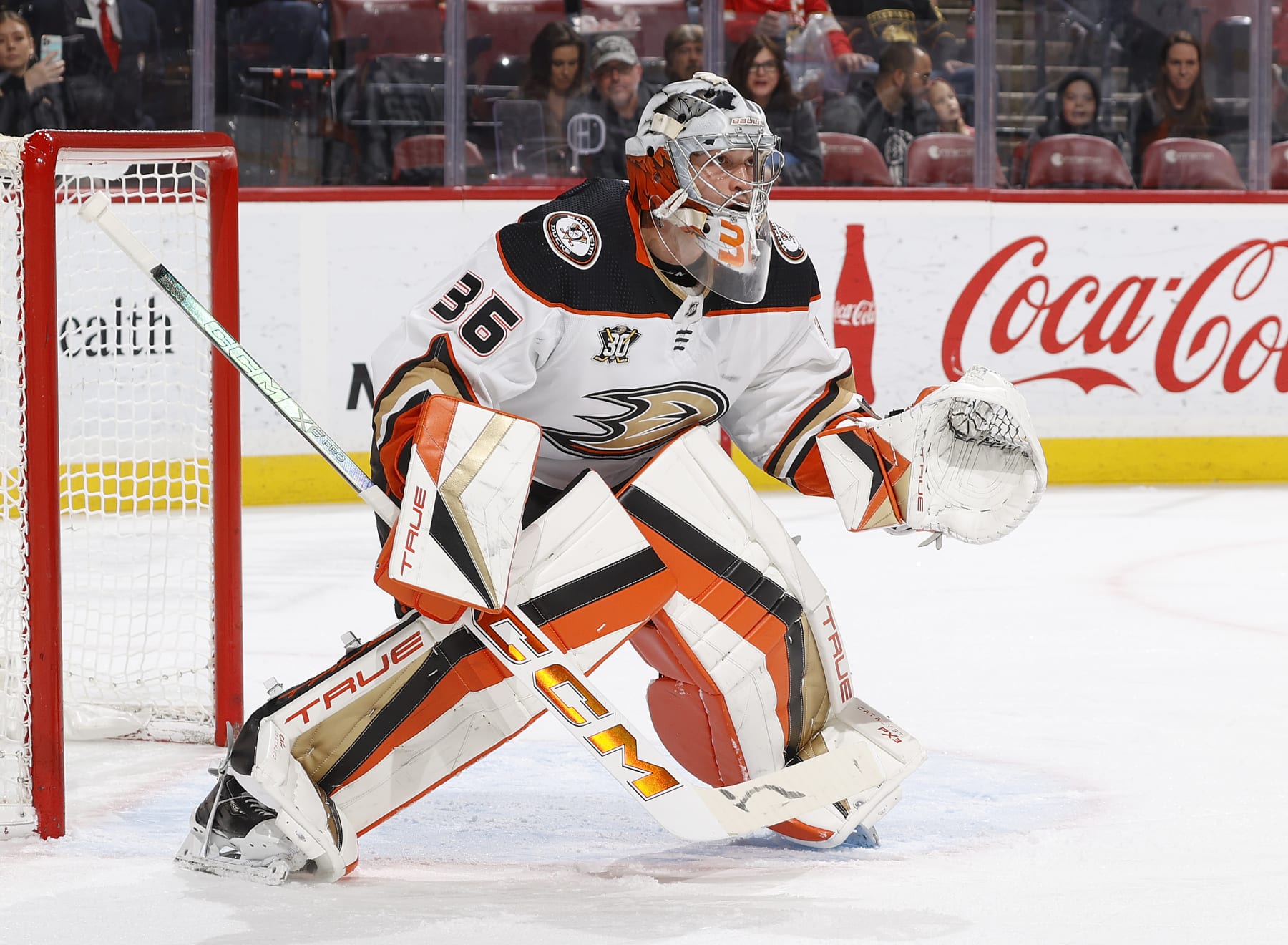SUNRISE, FL - JANUARY 15: Goaltender John Gibson #36 of the Anaheim Ducks defends the net against the Florida Panthers at the Amerant Bank Arena on January 15, 2024 in Sunrise, Florida. (Photo by Joel Auerbach/Getty Images)