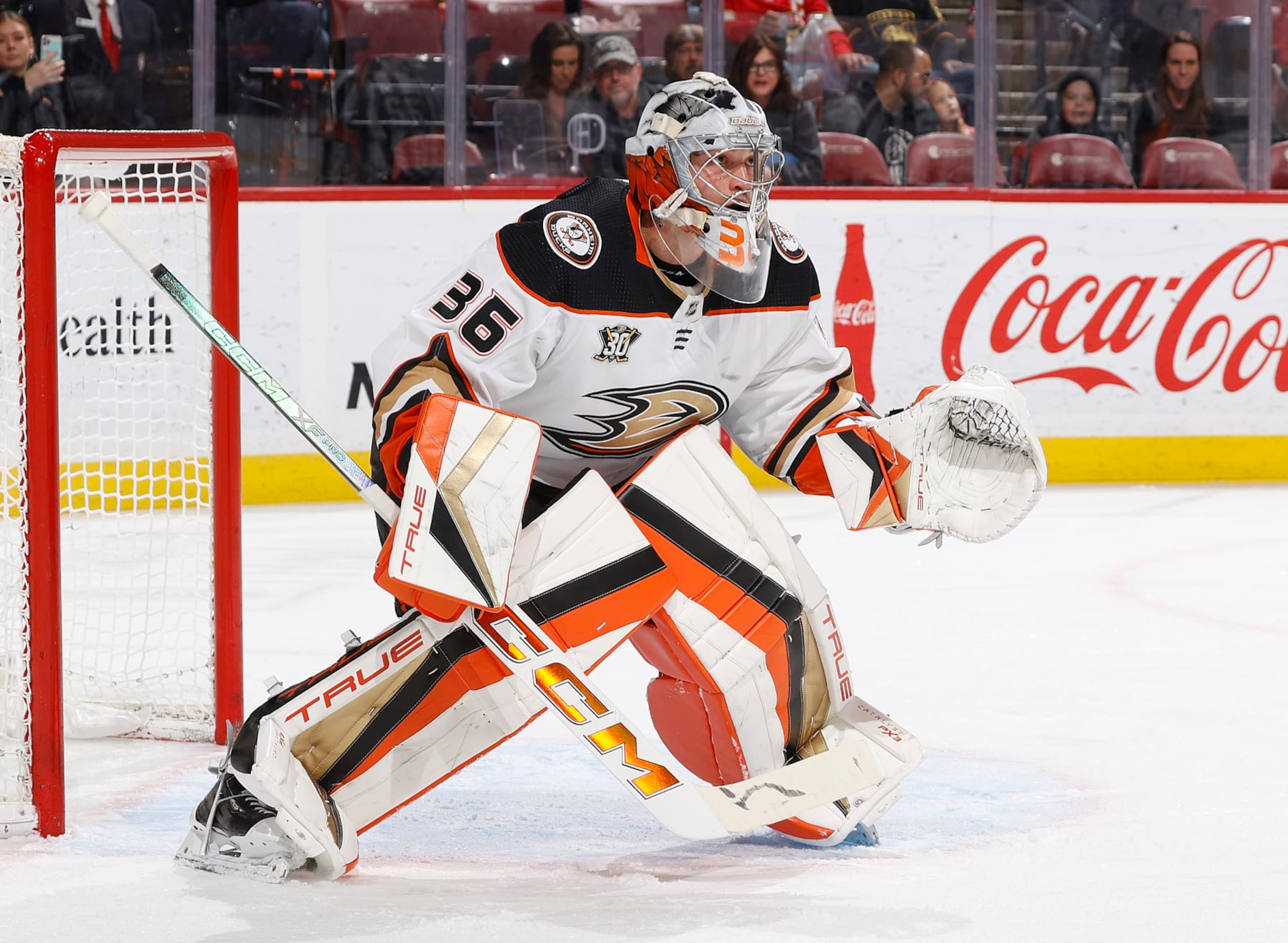 SUNRISE, FL - JANUARY 15: Goaltender John Gibson #36 of the Anaheim Ducks defends the net against the Florida Panthers at the Amerant Bank Arena on January 15, 2024 in Sunrise, Florida. (Photo by Joel Auerbach/Getty Images)