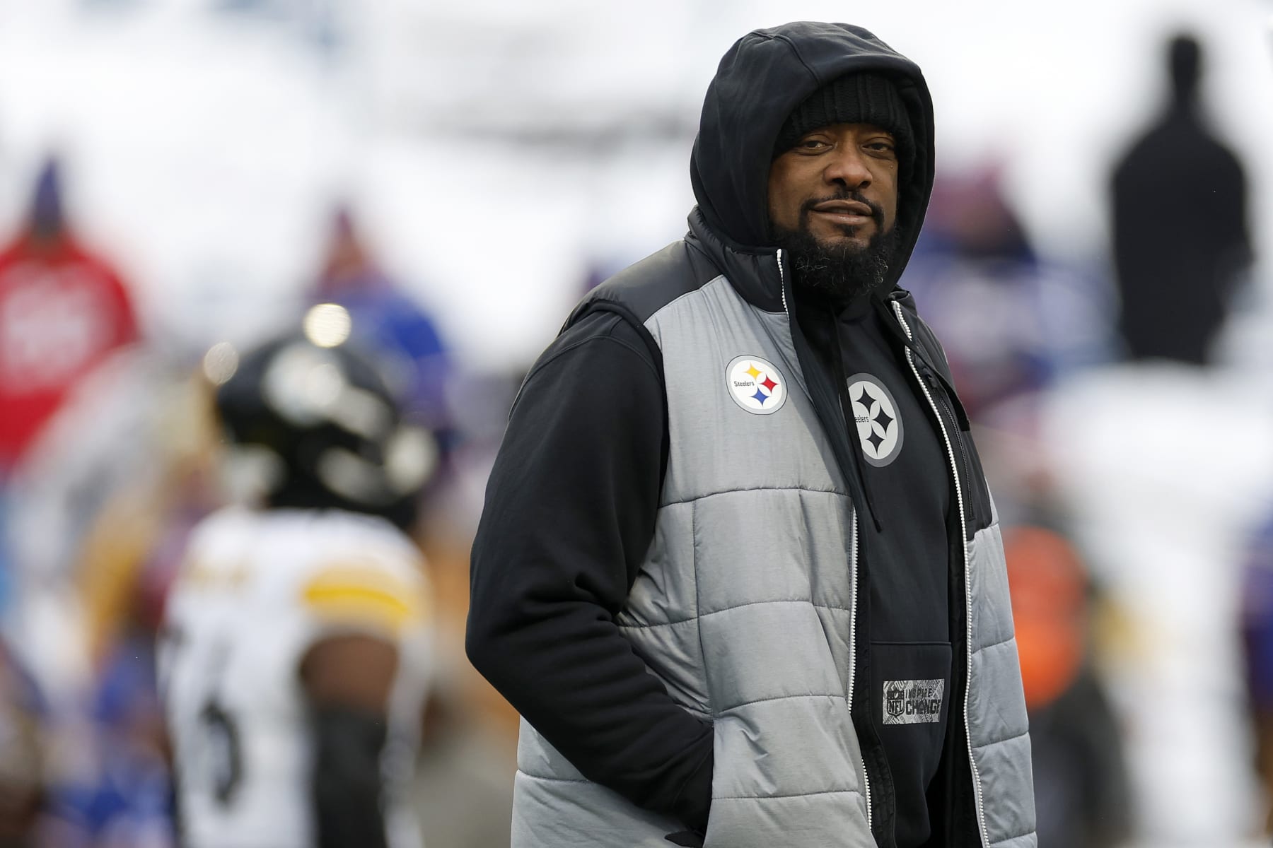 ORCHARD PARK, NEW YORK - JANUARY 15: Head coach Mike Tomlin of the Pittsburgh Steelers looks on before the game against the Buffalo Bills at Highmark Stadium on January 15, 2024 in Orchard Park, New York. (Photo by Sarah Stier/Getty Images)