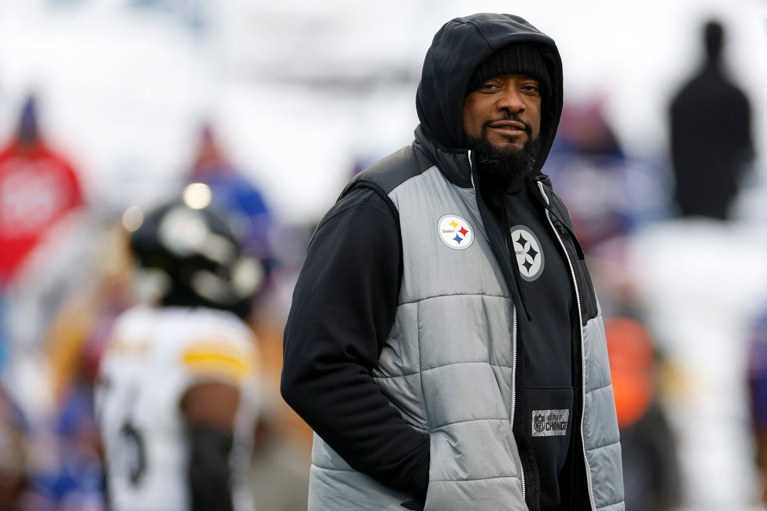 ORCHARD PARK, NEW YORK - JANUARY 15: Head coach Mike Tomlin of the Pittsburgh Steelers looks on before the game against the Buffalo Bills at Highmark Stadium on January 15, 2024 in Orchard Park, New York. (Photo by Sarah Stier/Getty Images)