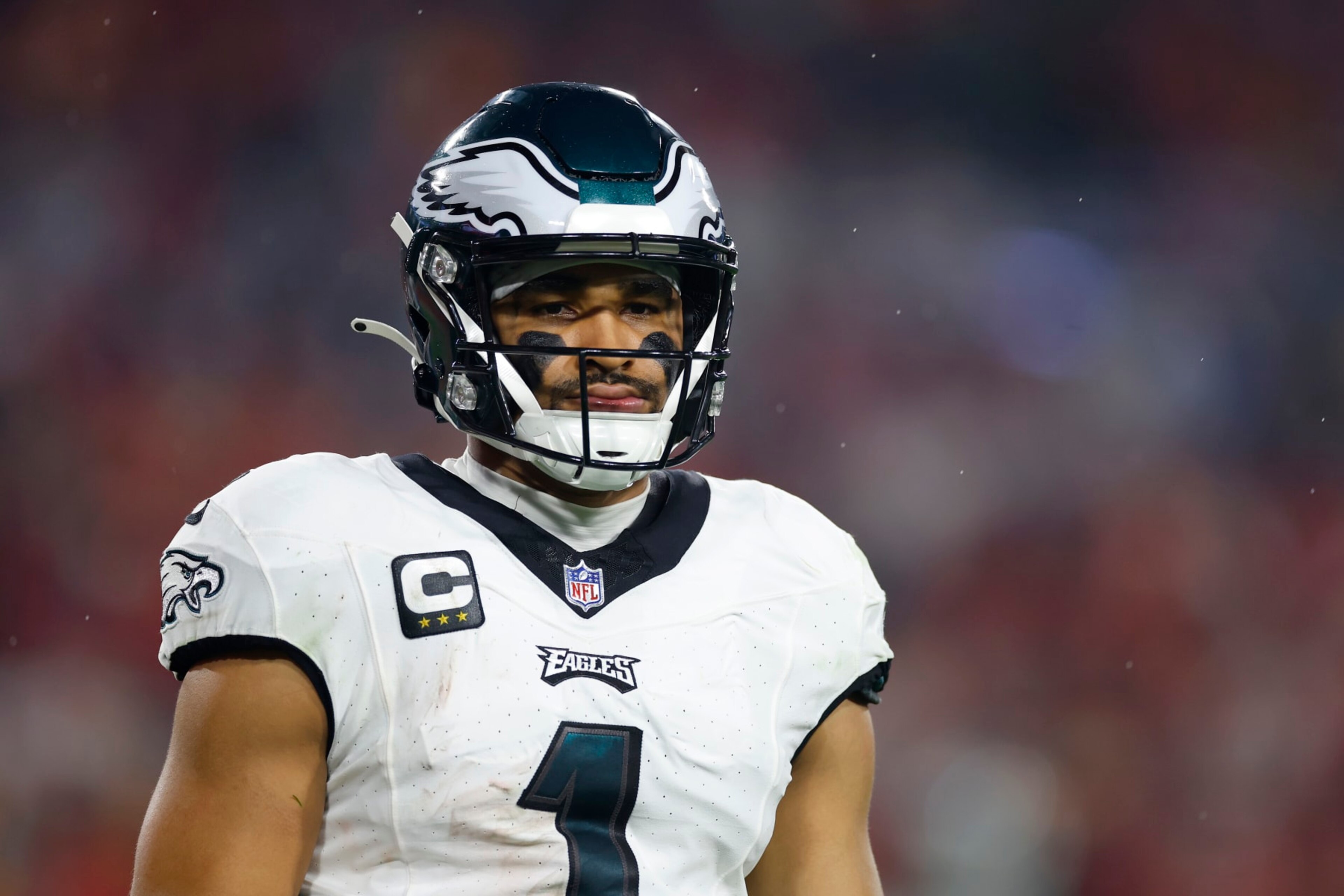 TAMPA, FLORIDA - JANUARY 15: Jalen Hurts #1 of the Philadelphia Eagles reacts against the Tampa Bay Buccaneers during the second quarter in the NFC Wild Card Playoffs at Raymond James Stadium on January 15, 2024 in Tampa, Florida. (Photo by Mike Ehrmann/Getty Images)