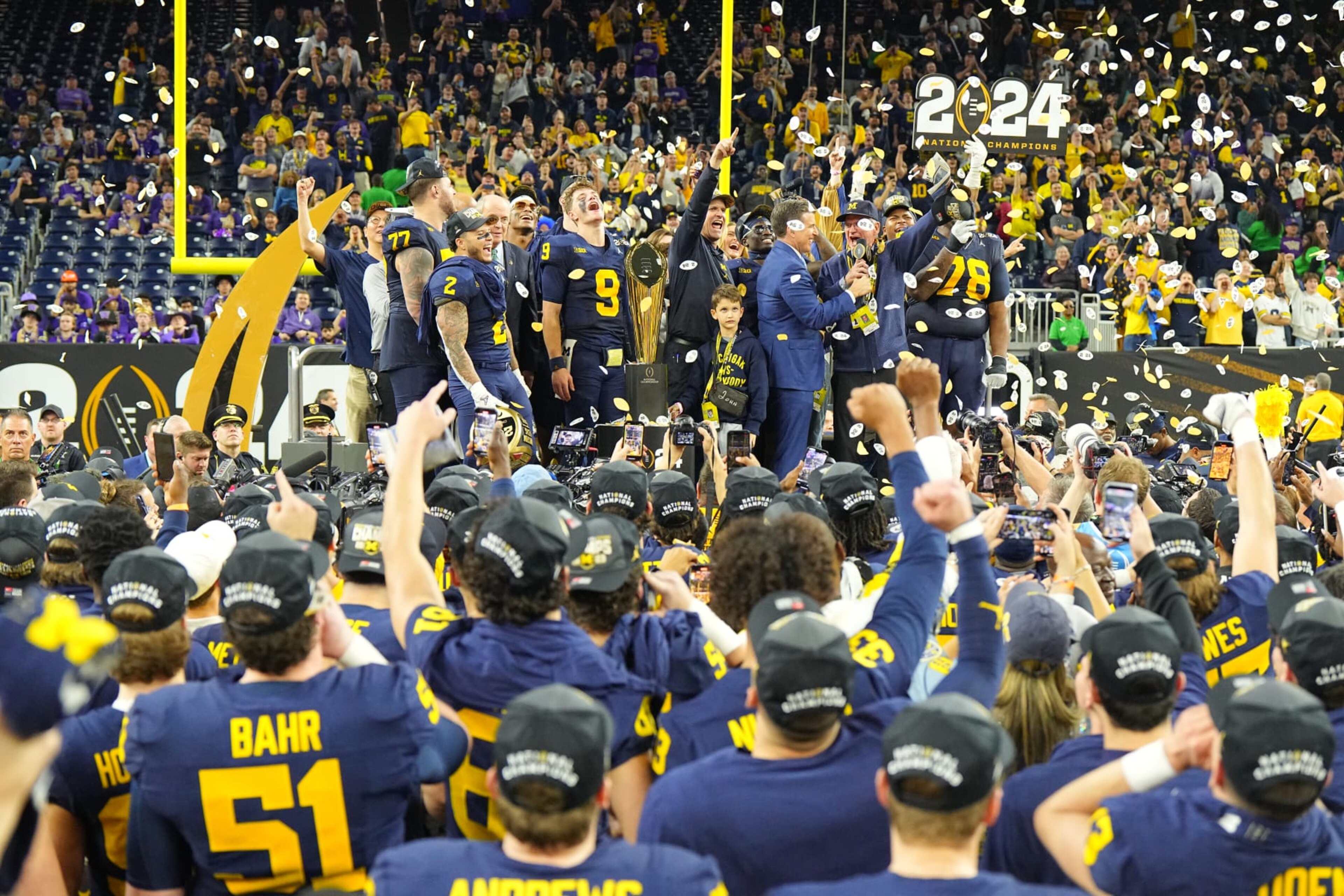 College Football: CFP National Championship: Michigan head coach Jim harbaugh and dad Jack Harbaugh victorious following victory vs Washington at NRG Stadium.
Houston, TX 1/8/2024
CREDIT: Erick W. Rasco (Photo by Erick W. Rasco/Sports Illustrated via Getty Images)
(Set Number: X164476 TK1) College Football: CFP National Championship: Michigan head coach Jim harbaugh and dad Jack Harbaugh victorious following victory vs Washington at NRG Stadium.
Houston, TX 1/8/2024
CREDIT: Erick W. Rasco (Photo by Erick W. Rasco/Sports Illustrated via Getty Images)
(Set Number: X164476 TK1)