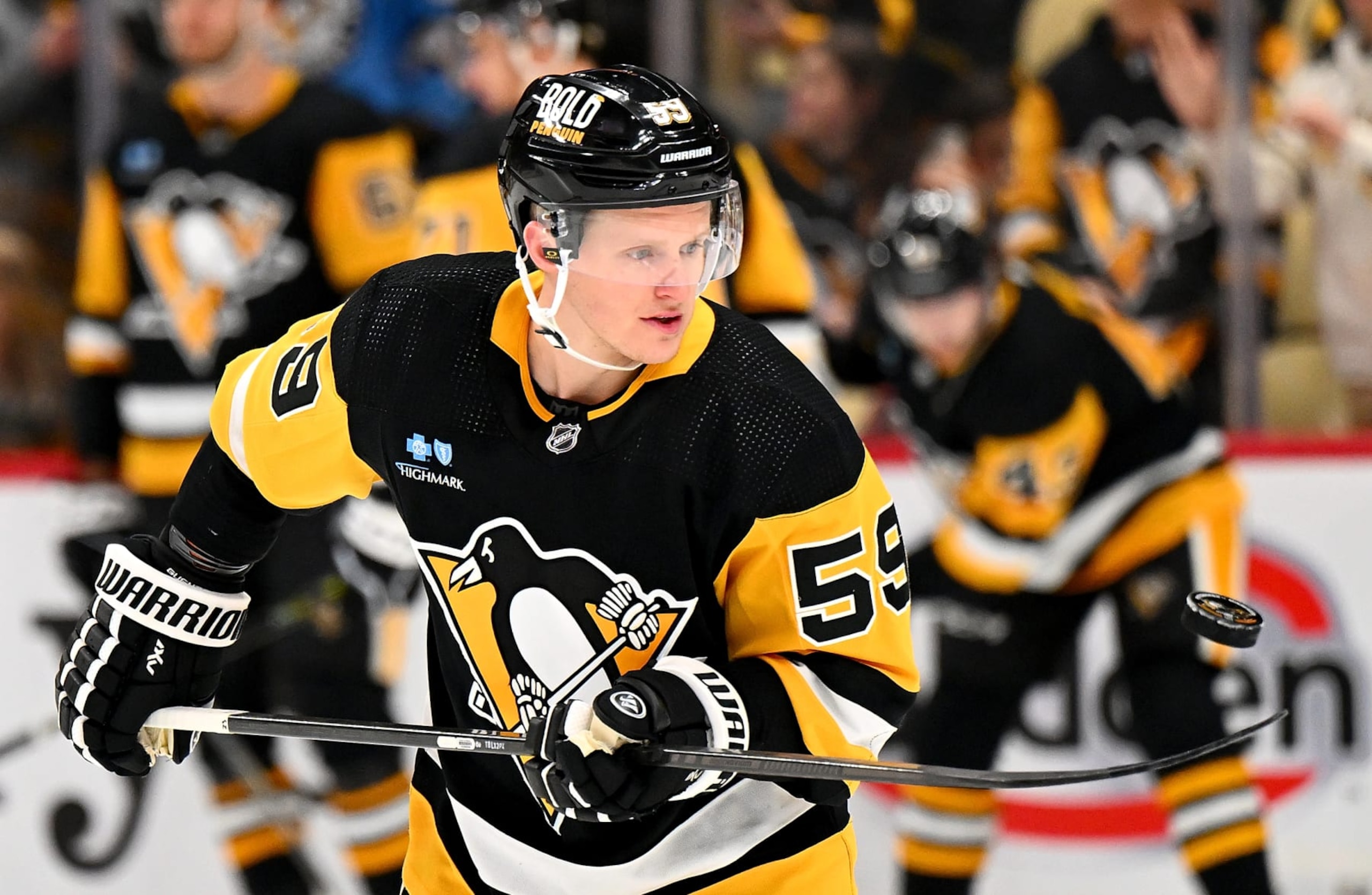 PITTSBURGH, PA - DECEMBER 18:  Jake Guentzel #59 of the Pittsburgh Penguins in action during warm ups before the game against the Minnesota Wild at PPG PAINTS Arena on December 18, 2023 in Pittsburgh, Pennsylvania. (Photo by Joe Sargent/NHLI via Getty Images)