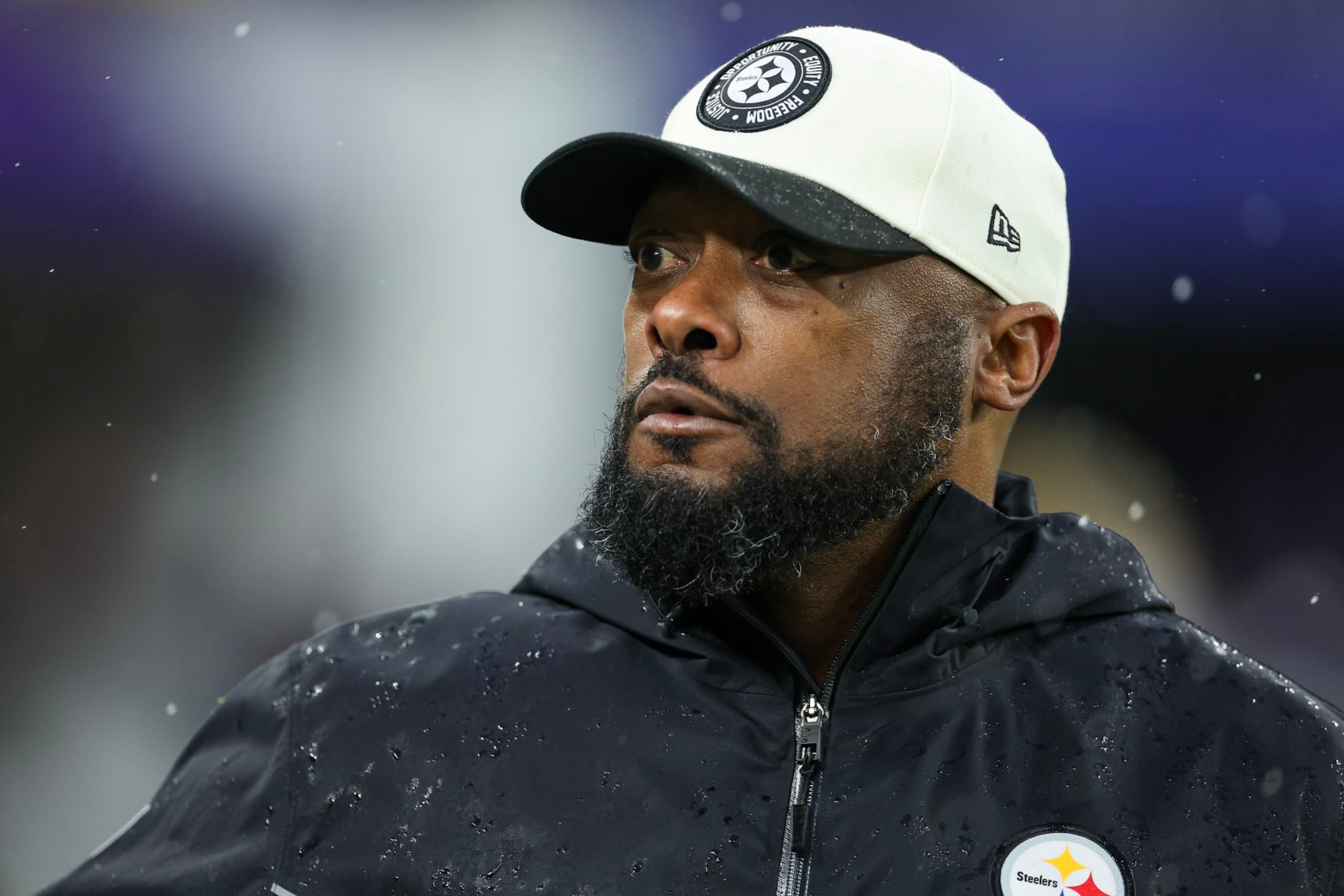 BALTIMORE, MARYLAND - JANUARY 06: Head coach Mike Tomlin of the Pittsburgh Steelers looks on prior to a game against the Baltimore Ravens at M&T Bank Stadium on January 06, 2024 in Baltimore, Maryland. (Photo by Rob Carr/Getty Images)