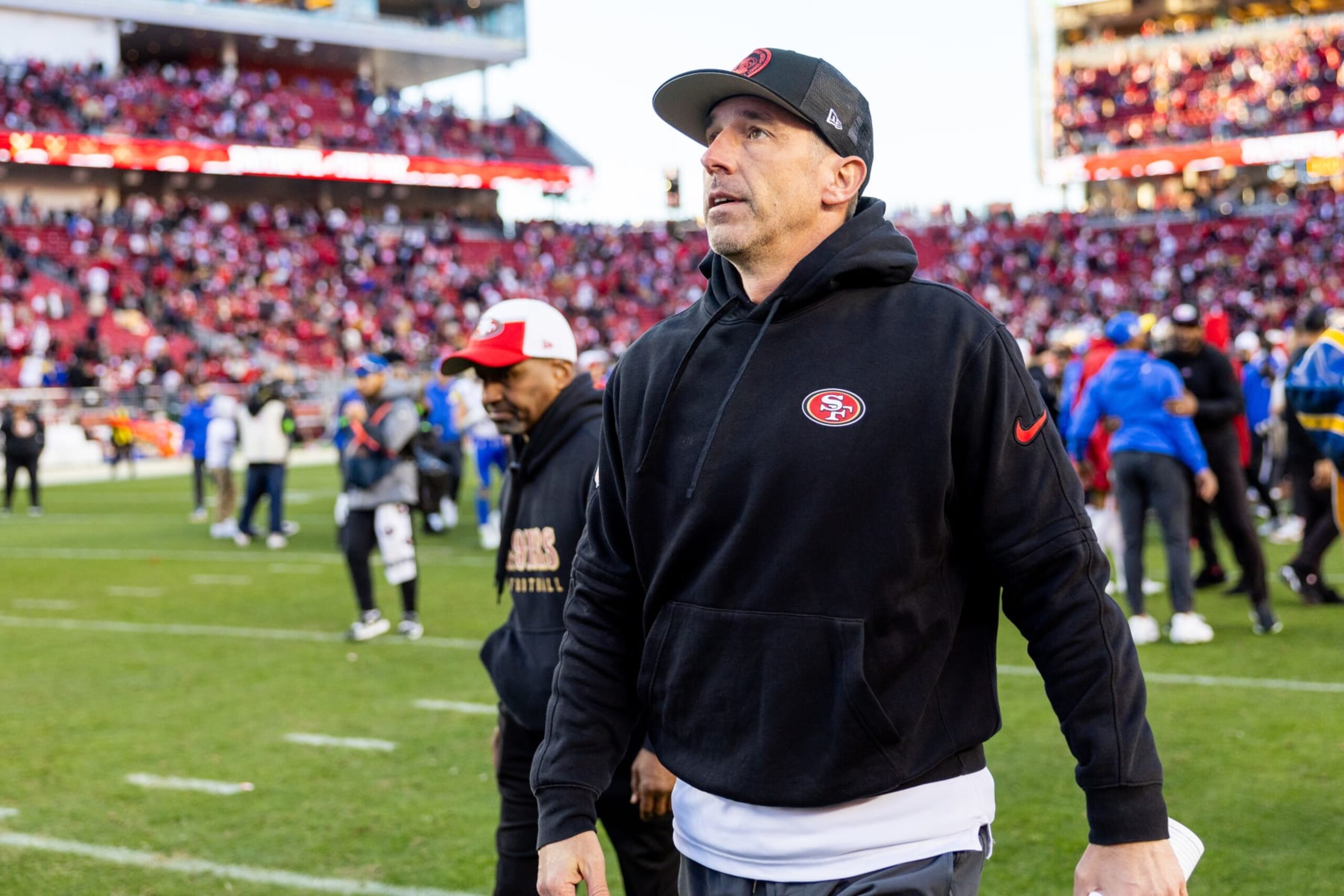 SANTA CLARA, CA - JANUARY 07: San Francisco 49ers coach Kyle Shanahan walks off the field after the NFL professional football game between the Los Angeles Rams and San Francisco 49ers on January 7, 2024 at Lev's Stadium in Santa Clara, CA. (Photo by Bob Kupbens/Icon Sportswire via Getty Images)