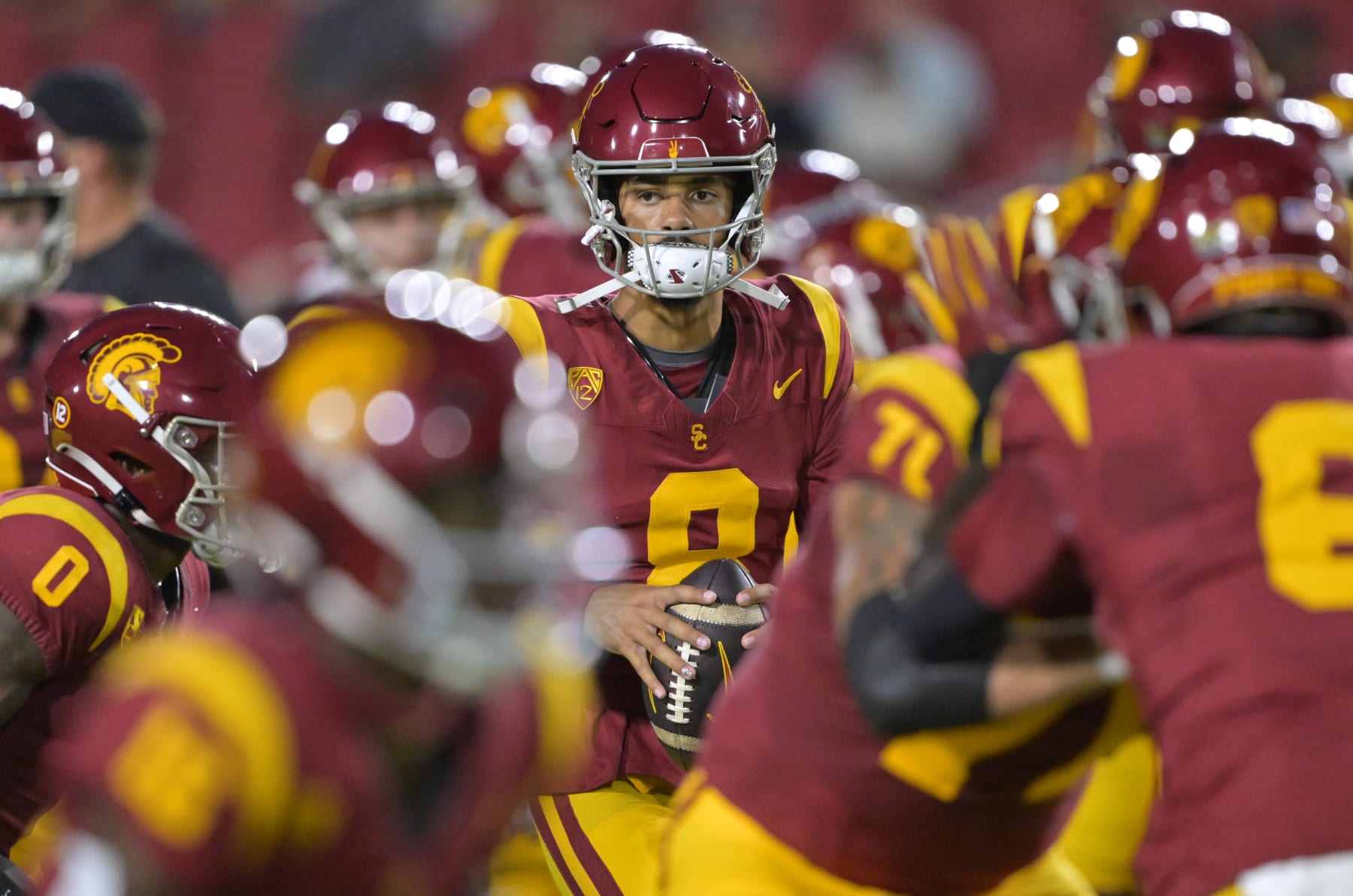 LOS ANGELES, CALIFORNIA - SEPTEMBER 9: Quarterback Malachi Nelson #8 of the USC Trojans warms up prior to the game against the Stanford Cardinal at United Airlines Field at the Los Angeles Memorial Coliseum on September 9, 2023 in Los Angeles, California. (Photo by Jayne Kamin-Oncea/Getty Images)