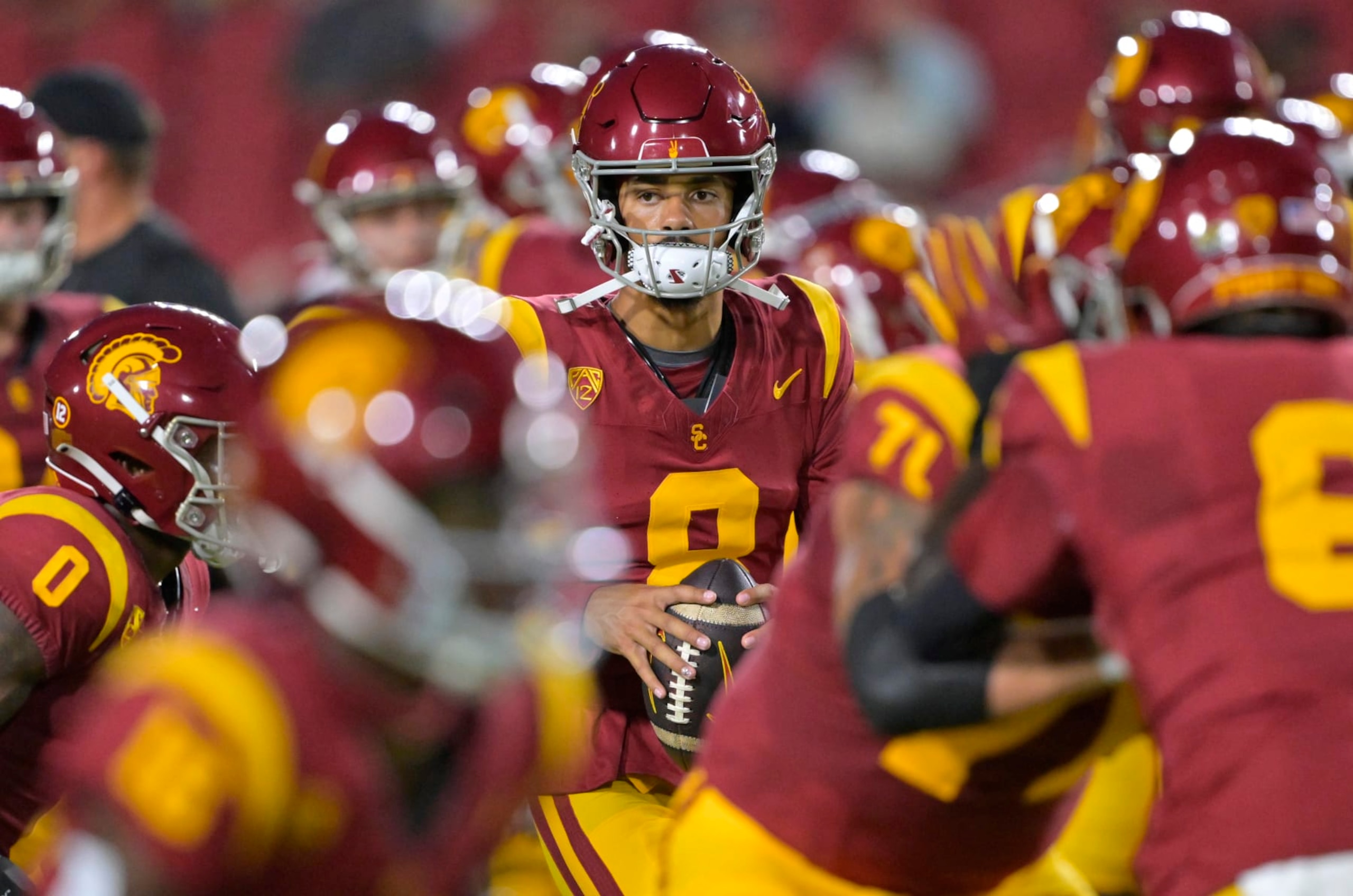 LOS ANGELES, CALIFORNIA - SEPTEMBER 9: Quarterback Malachi Nelson #8 of the USC Trojans warms up prior to the game against the Stanford Cardinal at United Airlines Field at the Los Angeles Memorial Coliseum on September 9, 2023 in Los Angeles, California. (Photo by Jayne Kamin-Oncea/Getty Images)