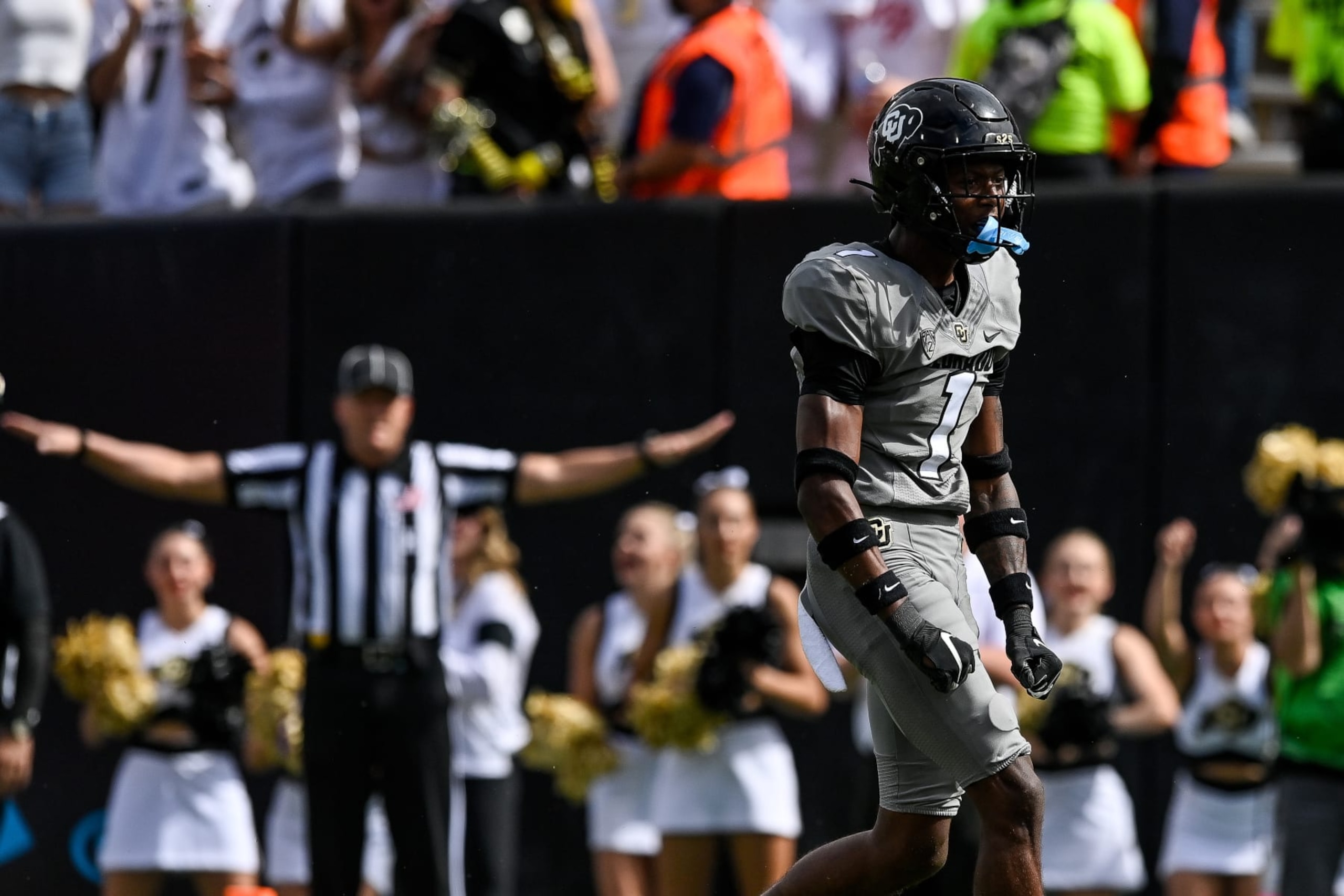 BOULDER, CO - SEPTEMBER 30:  Cornerback Cormani McClain #1 of the Colorado Buffaloes celebrates a pass defended in the end zone in the third quarter against the USC Trojans at Folsom Field on September 30, 2023 in Boulder, Colorado. (Photo by Dustin Bradford/Getty Images)