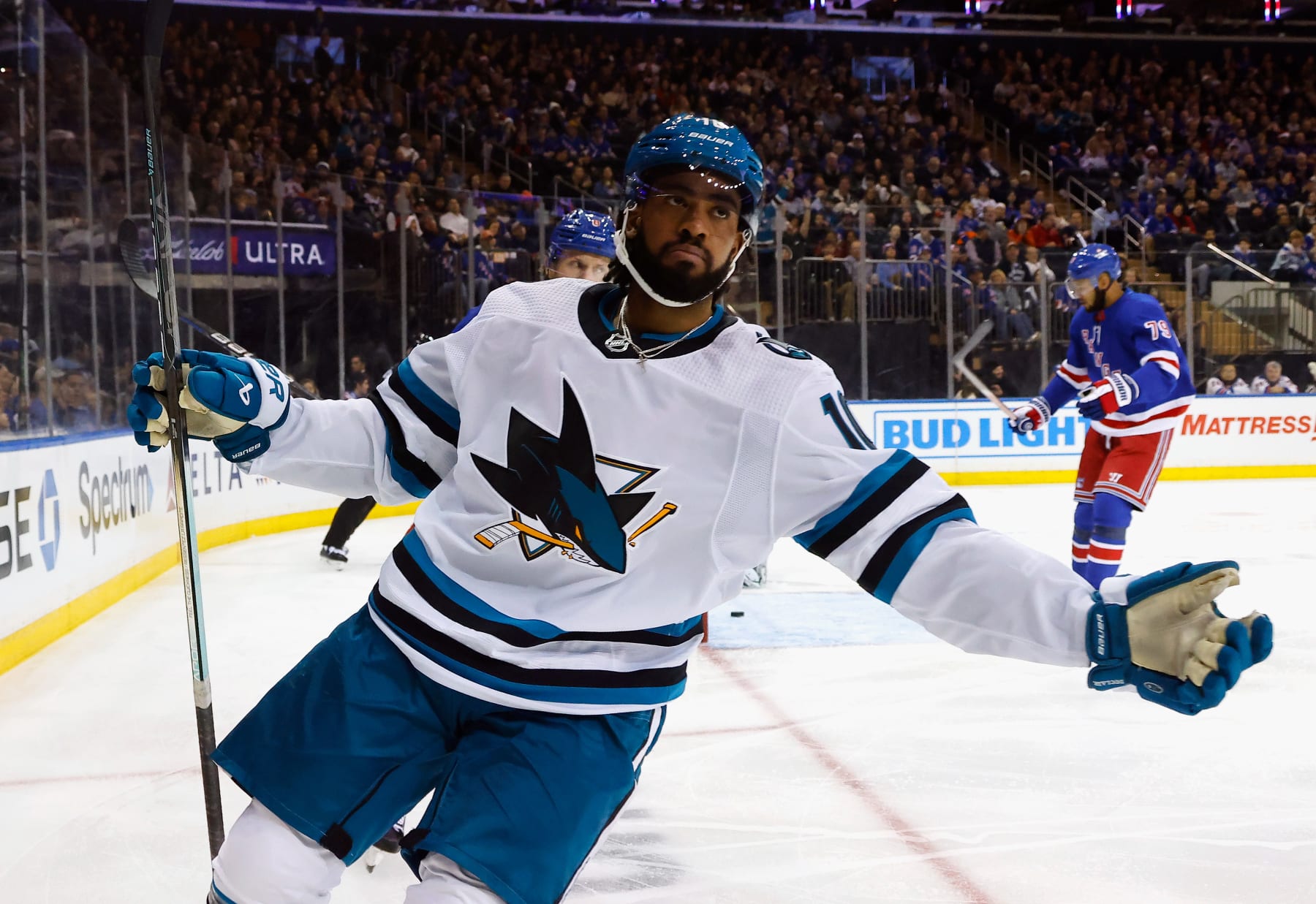 NEW YORK, NEW YORK - DECEMBER 03: Anthony Duclair #10 of the San Jose Sharks celebrates his goal at 3:50 of the first period against Jonathan Quick #32 of the New York Rangers at Madison Square Garden on December 03, 2023 in New York City. (Photo by Bruce Bennett/Getty Images)