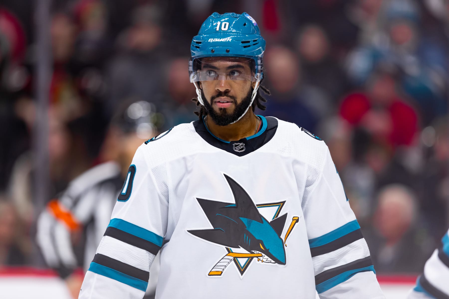 OTTAWA, ON - JANUARY 13: San Jose Sharks Right Wing Anthony Duclair (10) before a face-off during third period National Hockey League action between the San Jose Sharks and Ottawa Senators on January 13, 2024, at Canadian Tire Centre in Ottawa, ON, Canada. (Photo by Richard A. Whittaker/Icon Sportswire via Getty Images)
