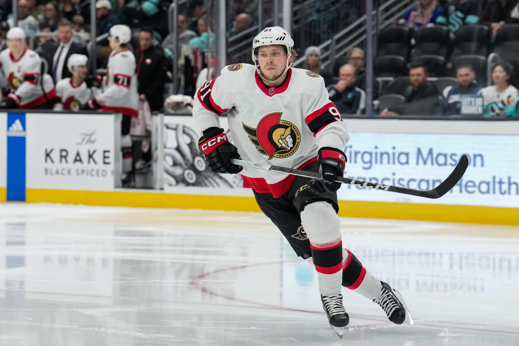 SEATTLE, WASHINGTON - JANUARY 04: Vladimir Tarasenko #91 of the Ottawa Senators skates during the second period of a game against the Seattle Kraken at Climate Pledge Arena on January 04, 2024 in Seattle, Washington. (Photo by Christopher Mast/NHLI via Getty Images)
