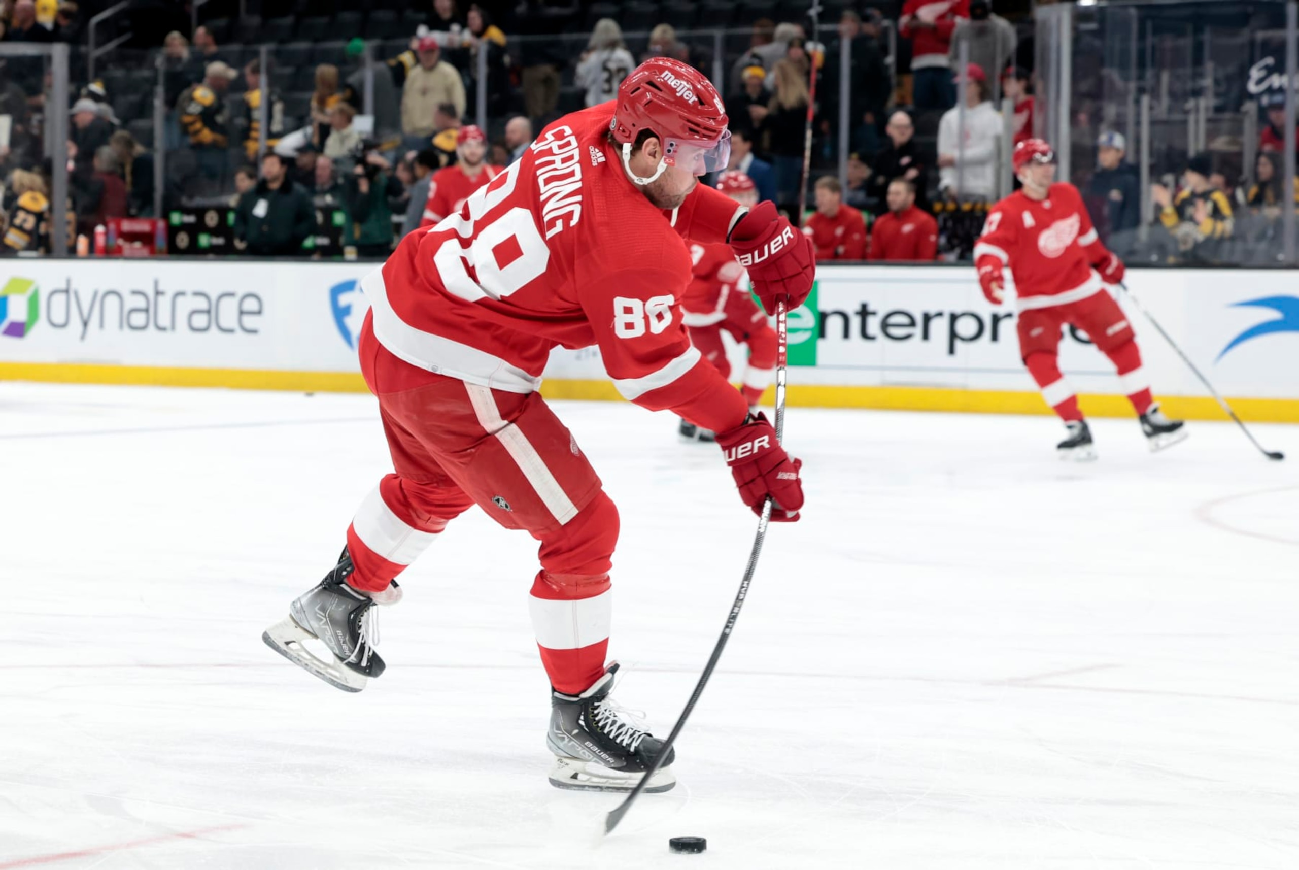 BOSTON, MA - NOVEMBER 24: Detroit Red Wings right wing Daniel Sprong (88) shoots in warm up before a game between the Boston Bruins and the Detroit Red Wings on November 24, 2023, at TD Garden in Boston, Massachusetts. (Photo by Fred Kfoury III/Icon Sportswire via Getty Images)