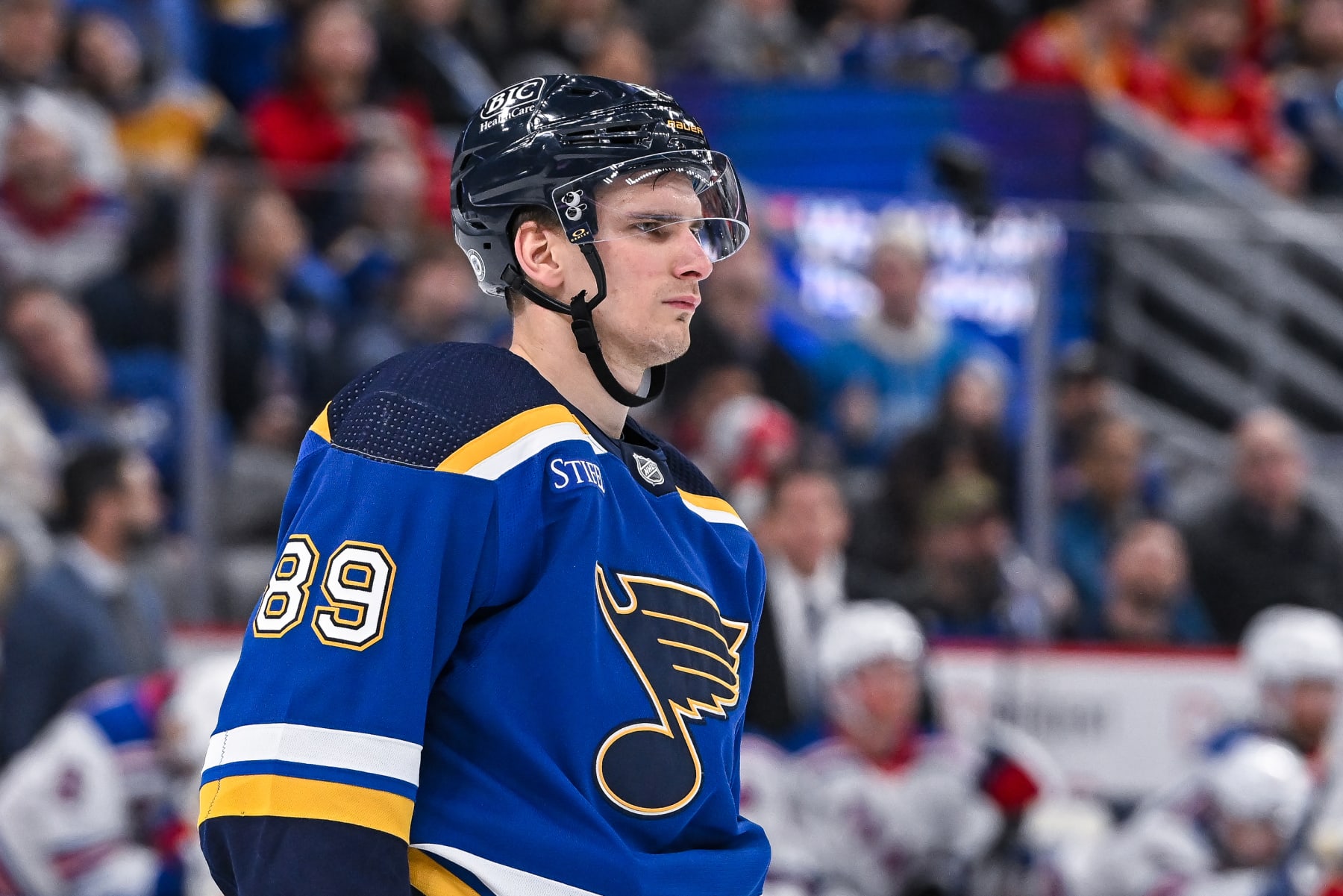 ST. LOUIS, MO - January 11: St. Louis Blues left wing Pavel Buchnevich (89) during a regular season game between the New York Rangers and the St. Louis Blues on January 11, 2024, at the Enterprise Center in St. Louis MO (Photo by Rick Ulreich/Icon Sportswire via Getty Images)