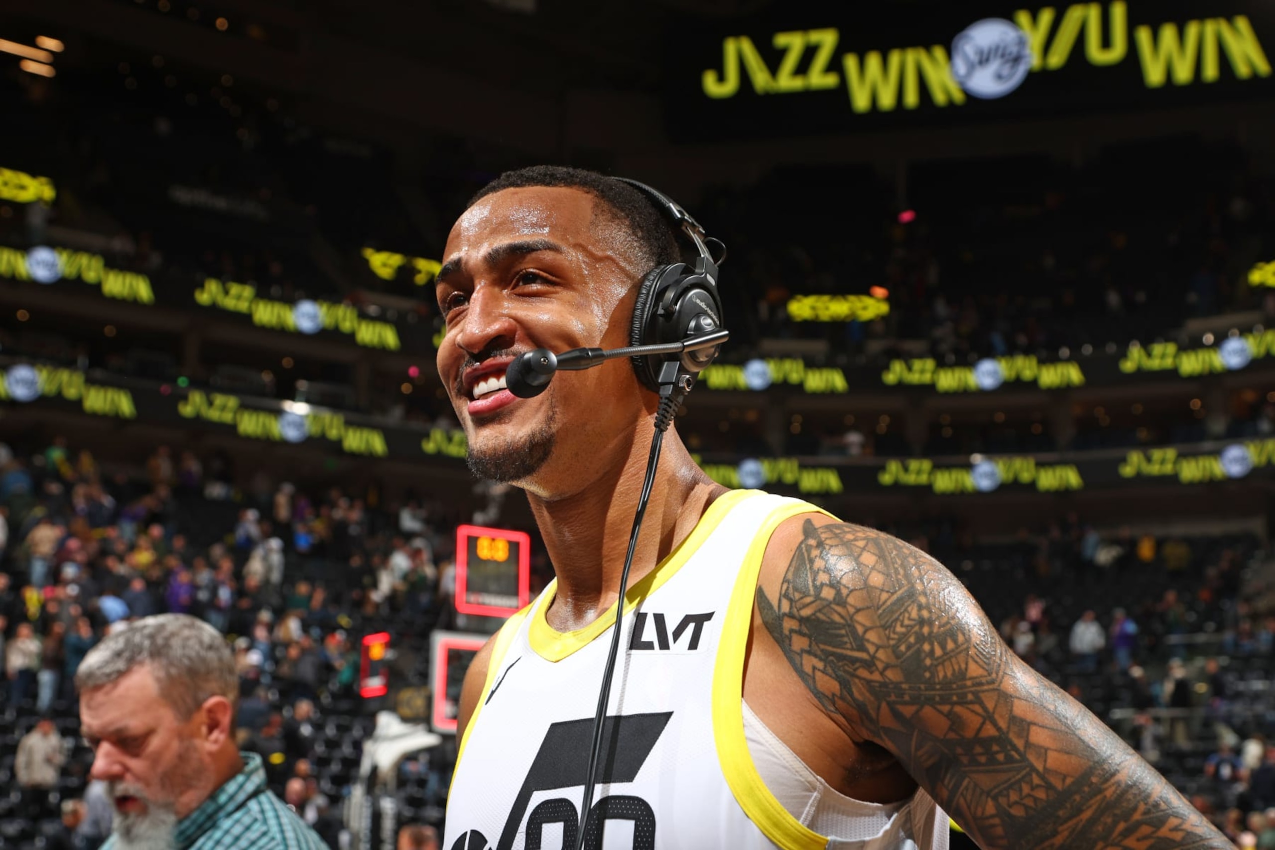 SALT LAKE CITY, UT - JANUARY 13: John Collins #20 of the Utah Jazz talks to the media after the game against the Los Angeles Lakers on January 13, 2024 at vivint.SmartHome Arena in Salt Lake City, Utah. NOTE TO USER: User expressly acknowledges and agrees that, by downloading and or using this Photograph, User is consenting to the terms and conditions of the Getty Images License Agreement. Mandatory Copyright Notice: Copyright 2024 NBAE (Photo by Melissa Majchrzak/NBAE via Getty Images)