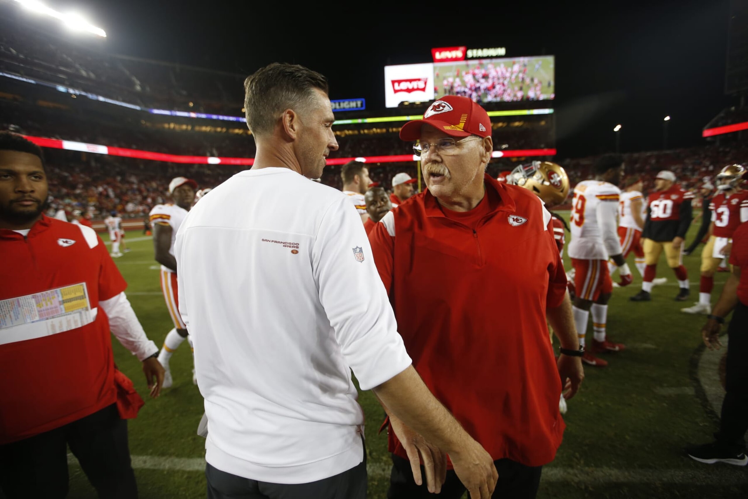 SANTA CLARA, CA - AUGUST 14: Head Coach Kyle Shanahan of the San Francisco 49ers and Head Coach Andy Reid of the Kansas City Chiefs shake hands on the field after the preseason game at Levi's Stadium on August 14, 2021 in Santa Clara, California. The Chiefs defeated the 49ers 19-16. (Photo by Michael Zagaris/San Francisco 49ers/Getty Images)