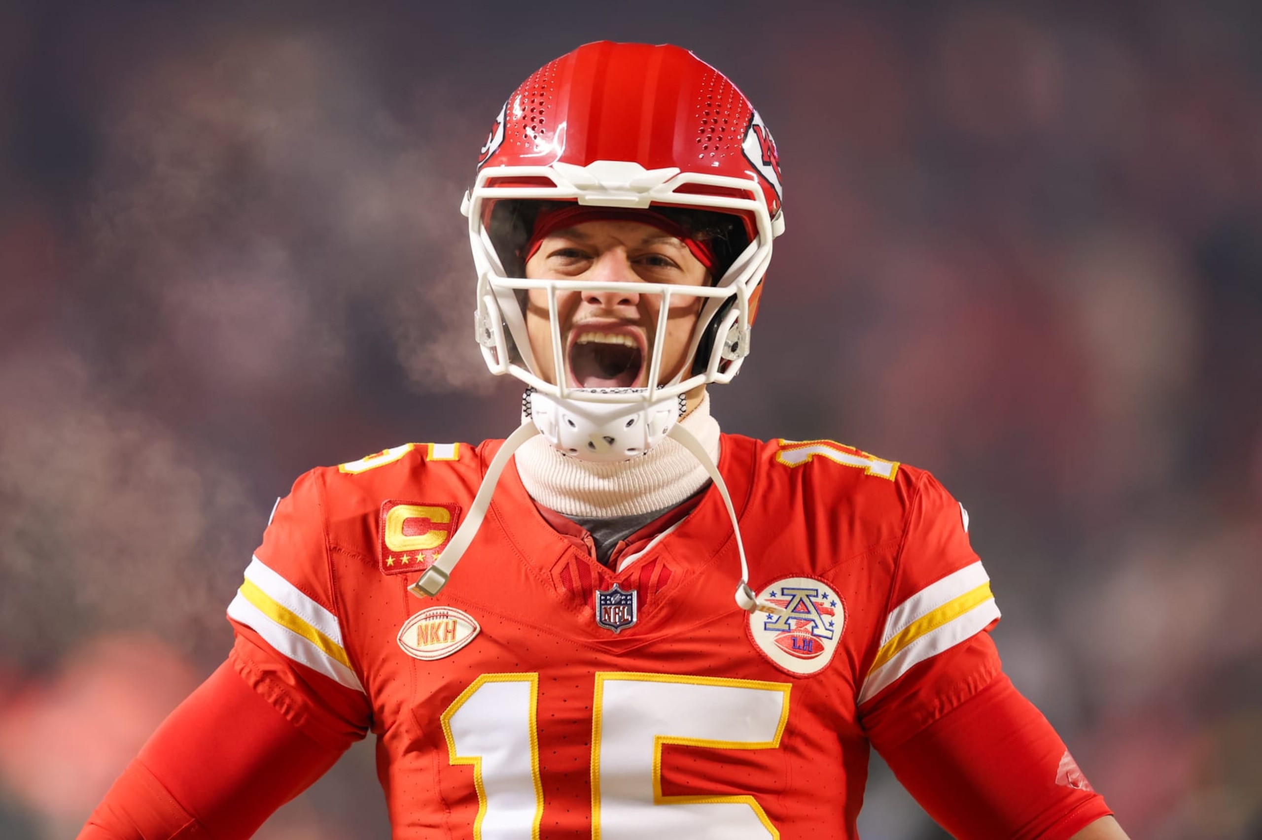 KANSAS CITY, MO - JANUARY 13: Kansas City Chiefs quarterback Patrick Mahomes (15) yells to fire up the crowd before an AFC Wild Card playoff game between the Miami Dolphins and Kansas City Chiefs on Jan 13, 2024 at GEHA Field at Arrowhead Stadium in Kansas City, MO. (Photo by Scott Winters/Icon Sportswire via Getty Images)
