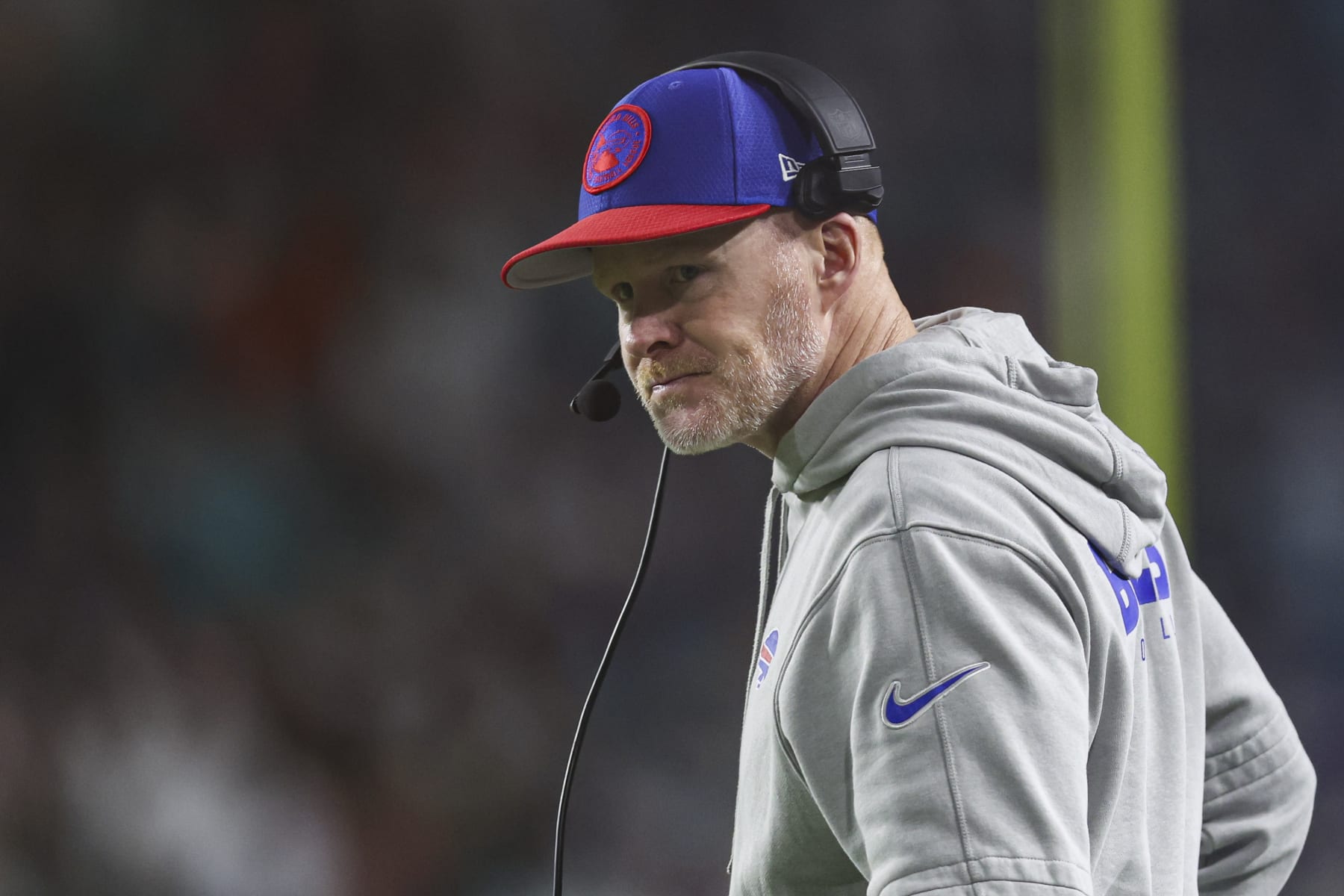 MIAMI GARDENS, FL - JANUARY 07: Sean McDermott of the Buffalo Bills looks on from the sideline during an NFL football game against the Miami Dolphins at Hard Rock Stadium on January 7, 2024 in Miami Gardens, Florida. (Photo by Perry Knotts/Getty Images)