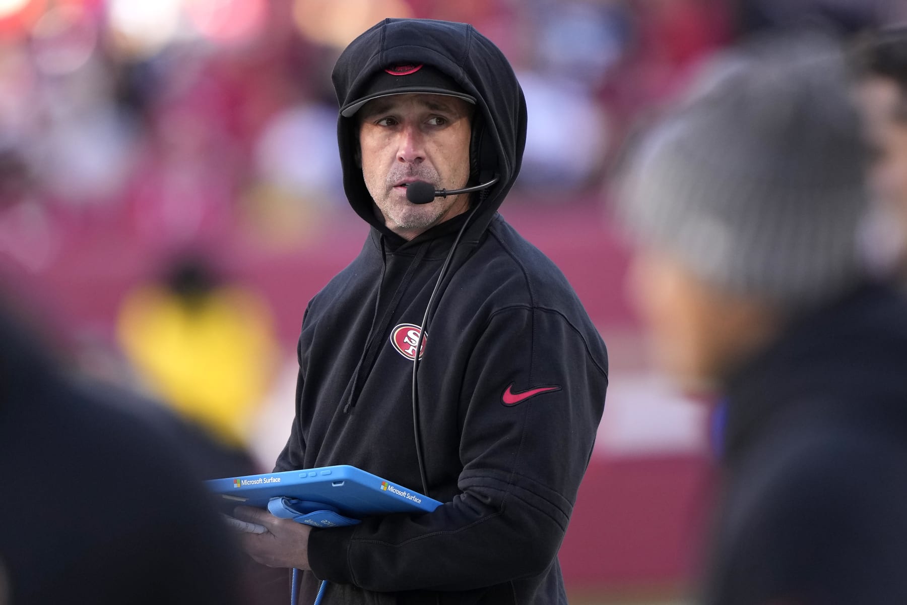 SANTA CLARA, CALIFORNIA - JANUARY 07: San Francisco 49ers head coach Kyle Shanahan looks on in the second half during a game against the Los Angeles Rams at Levi's Stadium on January 07, 2024 in Santa Clara, California. (Photo by Thearon W. Henderson/Getty Images)