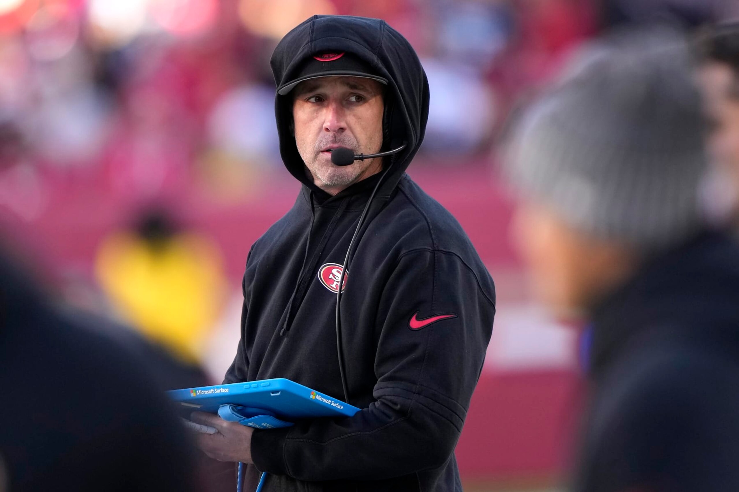 SANTA CLARA, CALIFORNIA - JANUARY 07: San Francisco 49ers head coach Kyle Shanahan looks on in the second half during a game against the Los Angeles Rams at Levi's Stadium on January 07, 2024 in Santa Clara, California. (Photo by Thearon W. Henderson/Getty Images)