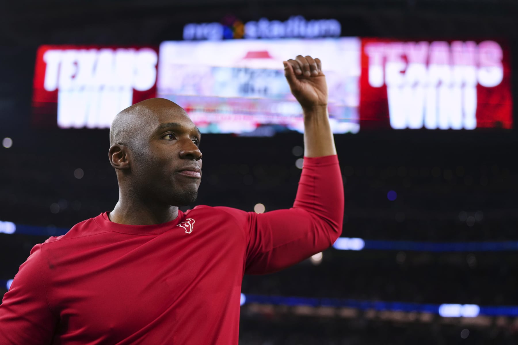 HOUSTON, TX - JANUARY 13: Houston Texans head coach DeMeco Ryans celebrates after defeating the Cleveland Browns in the AFC Wild Card playoff game at NRG Stadium on January 13, 2024 in Houston, Texas. (Photo by Cooper Neill/Getty Images)