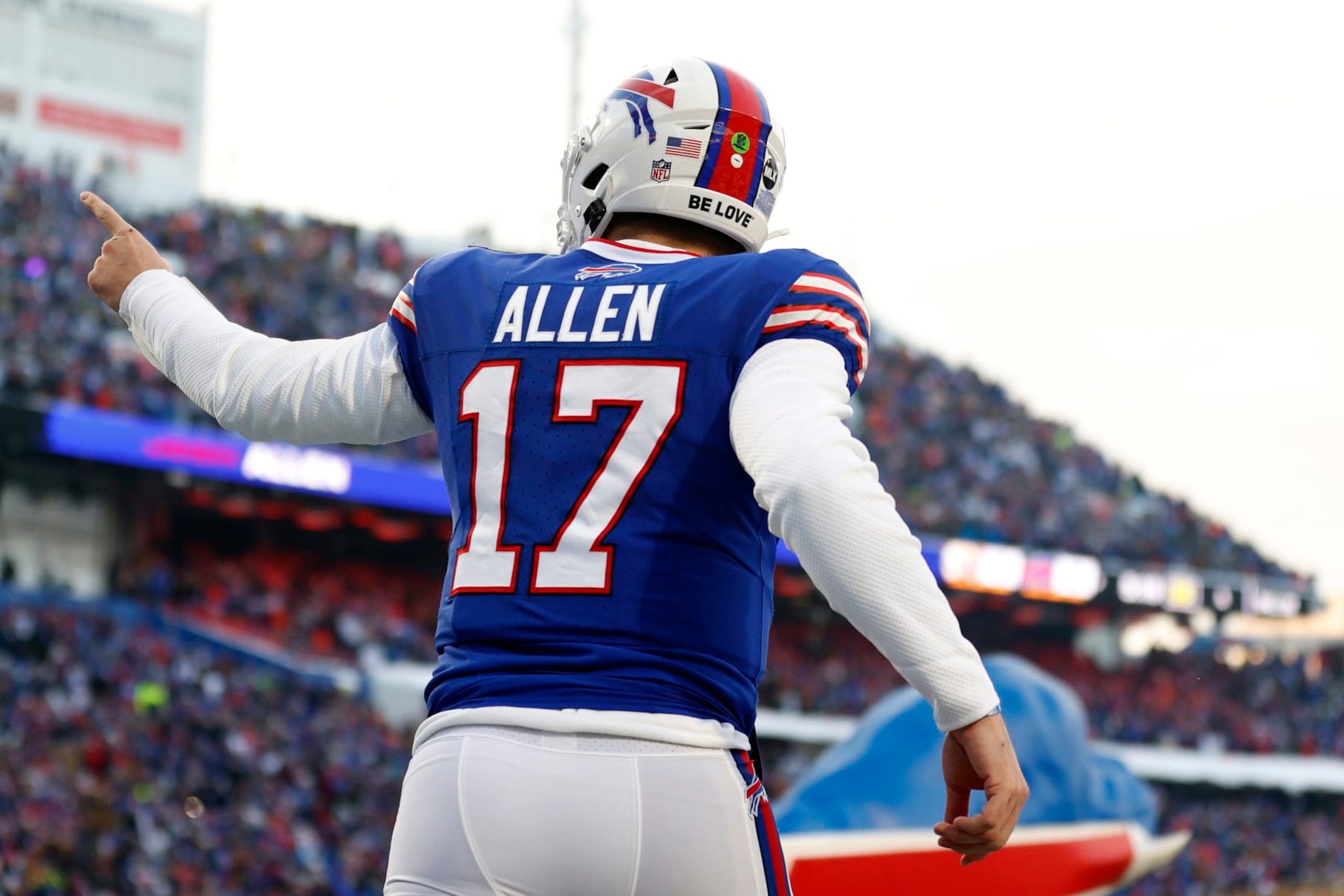 ORCHARD PARK, NEW YORK - JANUARY 15: Josh Allen #17 of the Buffalo Bills takes the field before the game against the Pittsburgh Steelers at Highmark Stadium on January 15, 2024 in Orchard Park, New York. (Photo by Sarah Stier/Getty Images)
