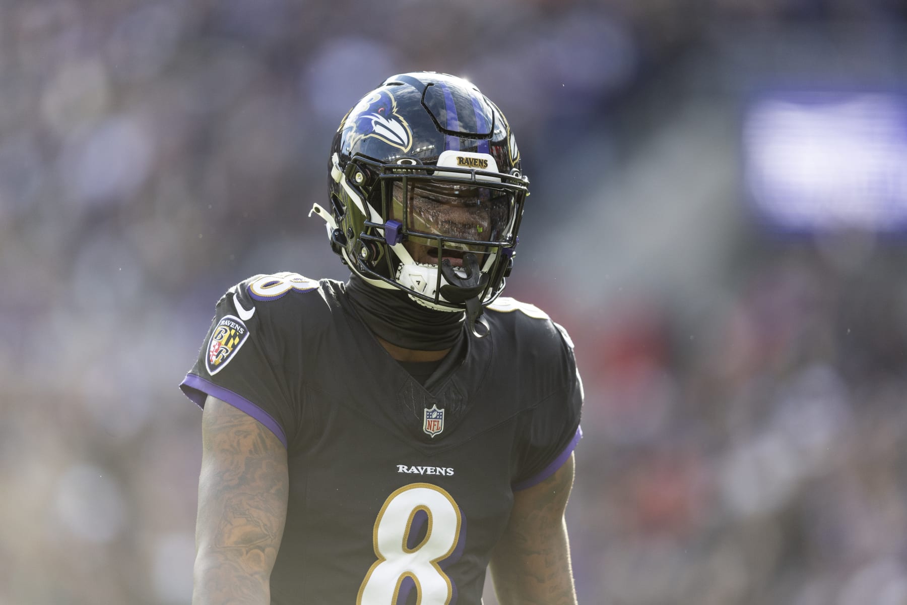 BALTIMORE, MARYLAND - DECEMBER 31: Lamar Jackson #8 of the Baltimore Ravens reacts after a touchdown during an NFL football game between the Baltimore Ravens and the Miami Dolphins at M&T Bank Stadium on December 31, 2023 in Baltimore, Maryland. (Photo by Michael Owens/Getty Images)