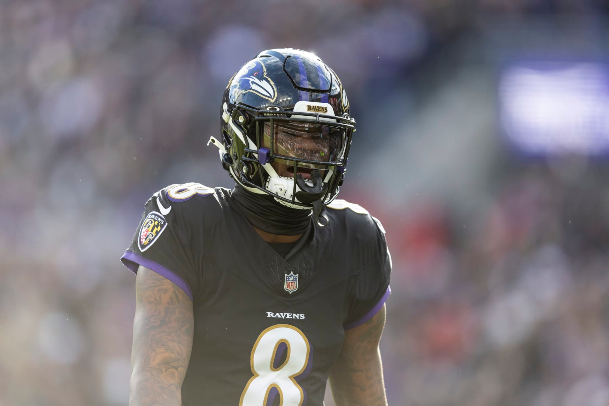 BALTIMORE, MARYLAND - DECEMBER 31: Lamar Jackson #8 of the Baltimore Ravens reacts after a touchdown during an NFL football game between the Baltimore Ravens and the Miami Dolphins at M&T Bank Stadium on December 31, 2023 in Baltimore, Maryland. (Photo by Michael Owens/Getty Images)