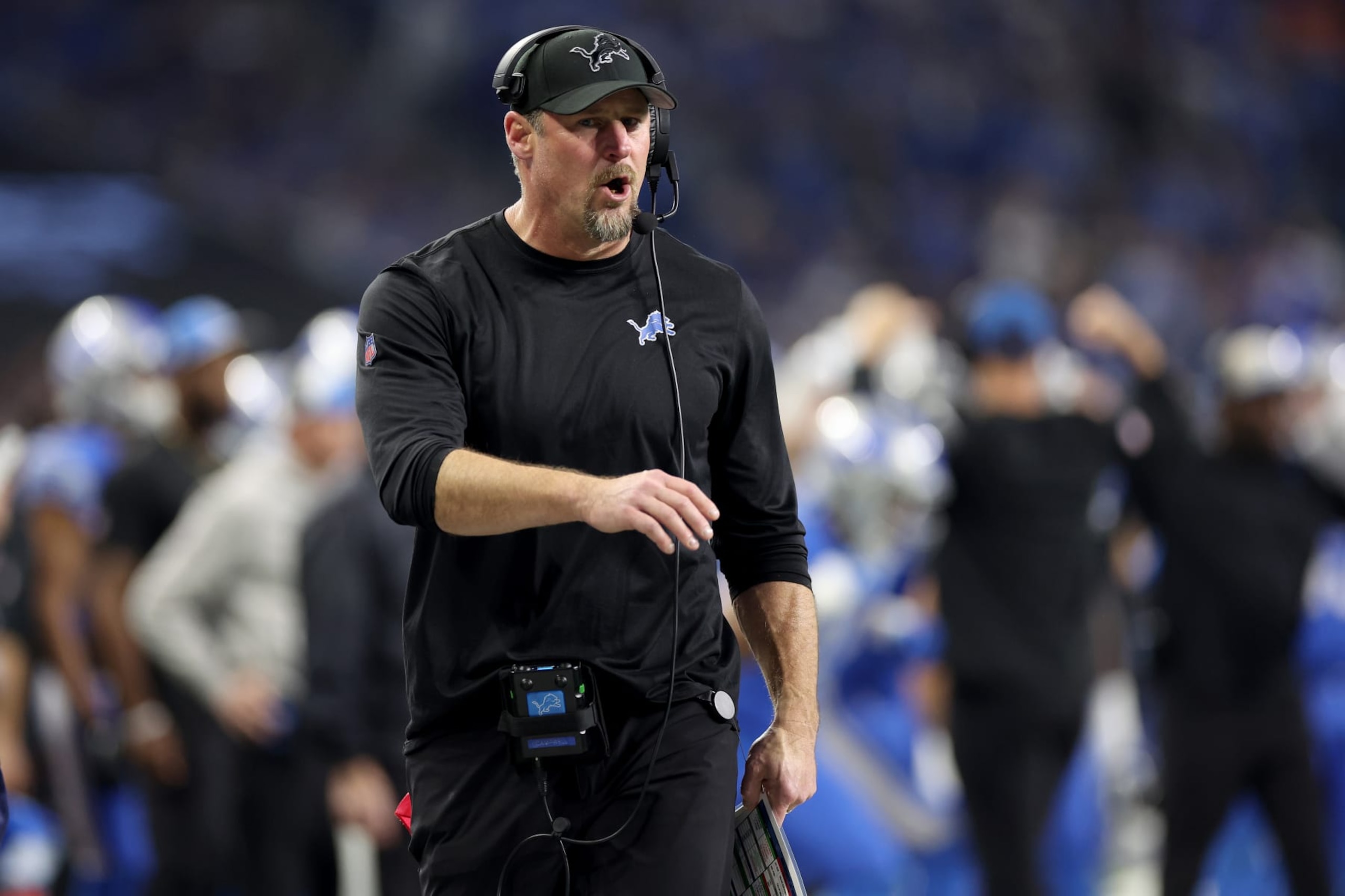 DETROIT, MICHIGAN - JANUARY 14: Head coach Dan Campbell of the Detroit Lions reacts during the second quarter against the Los Angeles Rams in the NFC Wild Card Playoffs at Ford Field on January 14, 2024 in Detroit, Michigan. (Photo by Gregory Shamus/Getty Images)