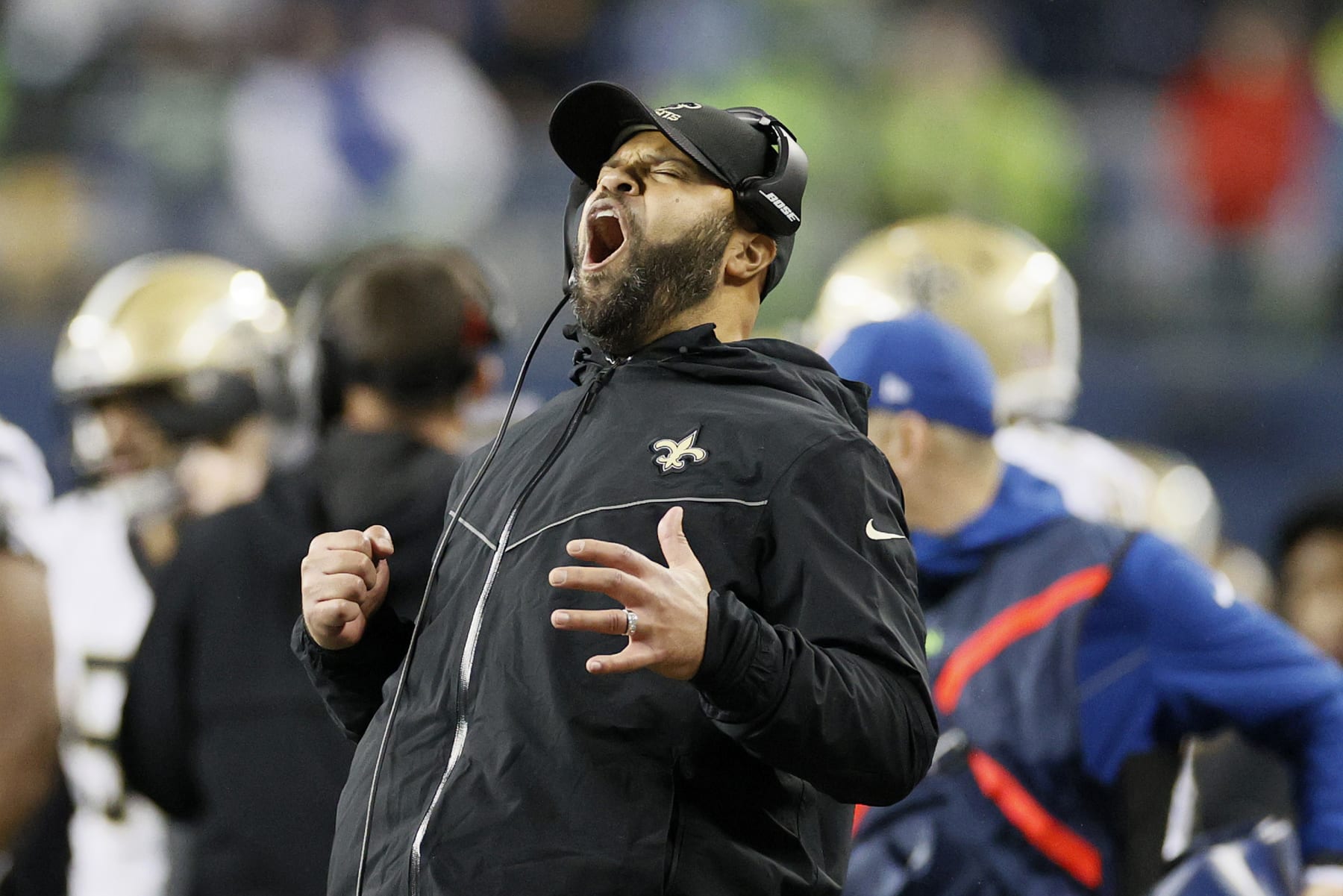 SEATTLE, WASHINGTON - OCTOBER 25: Secondary coach Kris Richard of the New Orleans Saints reacts during the third quarter against the Seattle Seahawks at Lumen Field on October 25, 2021 in Seattle, Washington. (Photo by Steph Chambers/Getty Images)