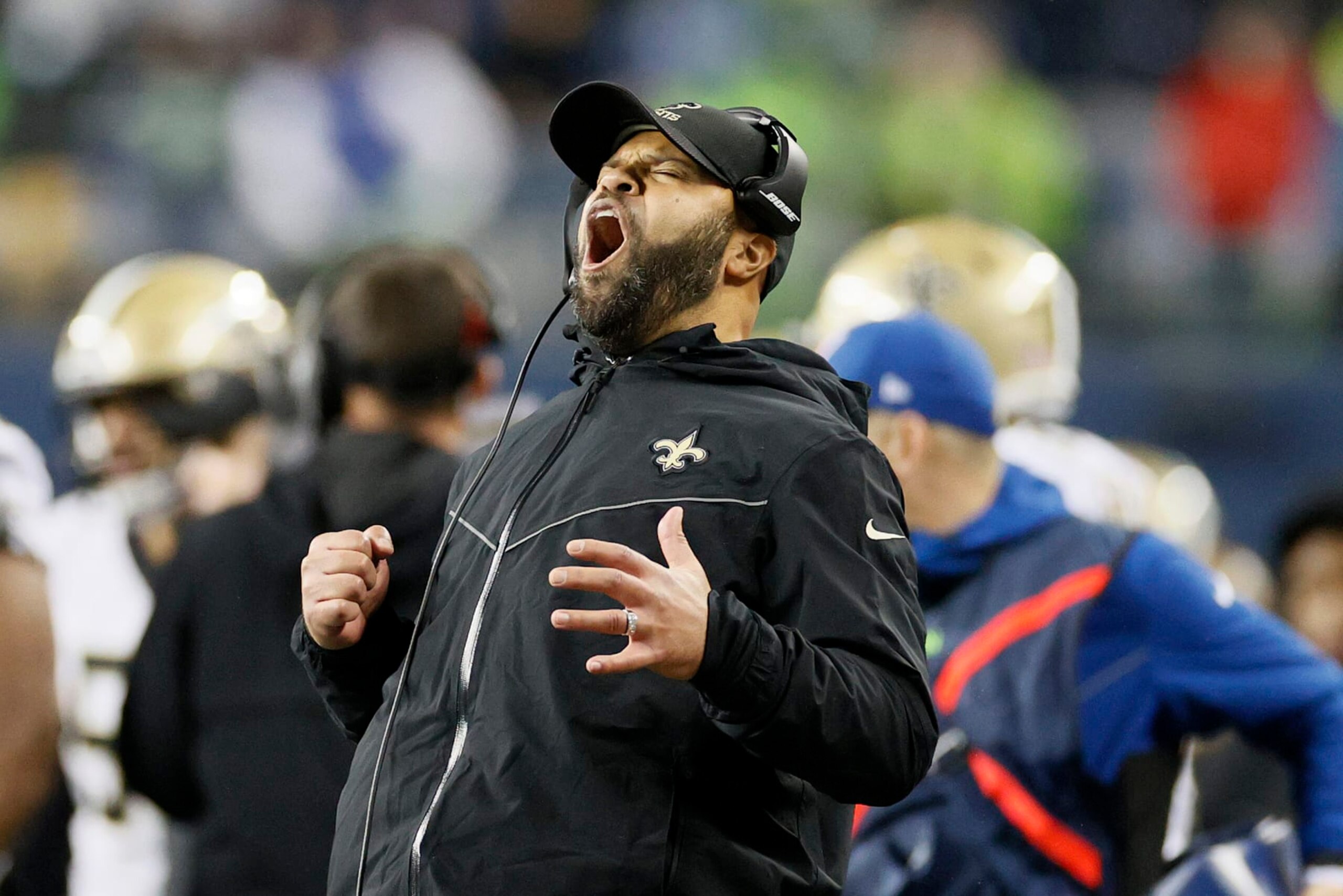 SEATTLE, WASHINGTON - OCTOBER 25: Secondary coach Kris Richard of the New Orleans Saints reacts during the third quarter against the Seattle Seahawks at Lumen Field on October 25, 2021 in Seattle, Washington. (Photo by Steph Chambers/Getty Images)
