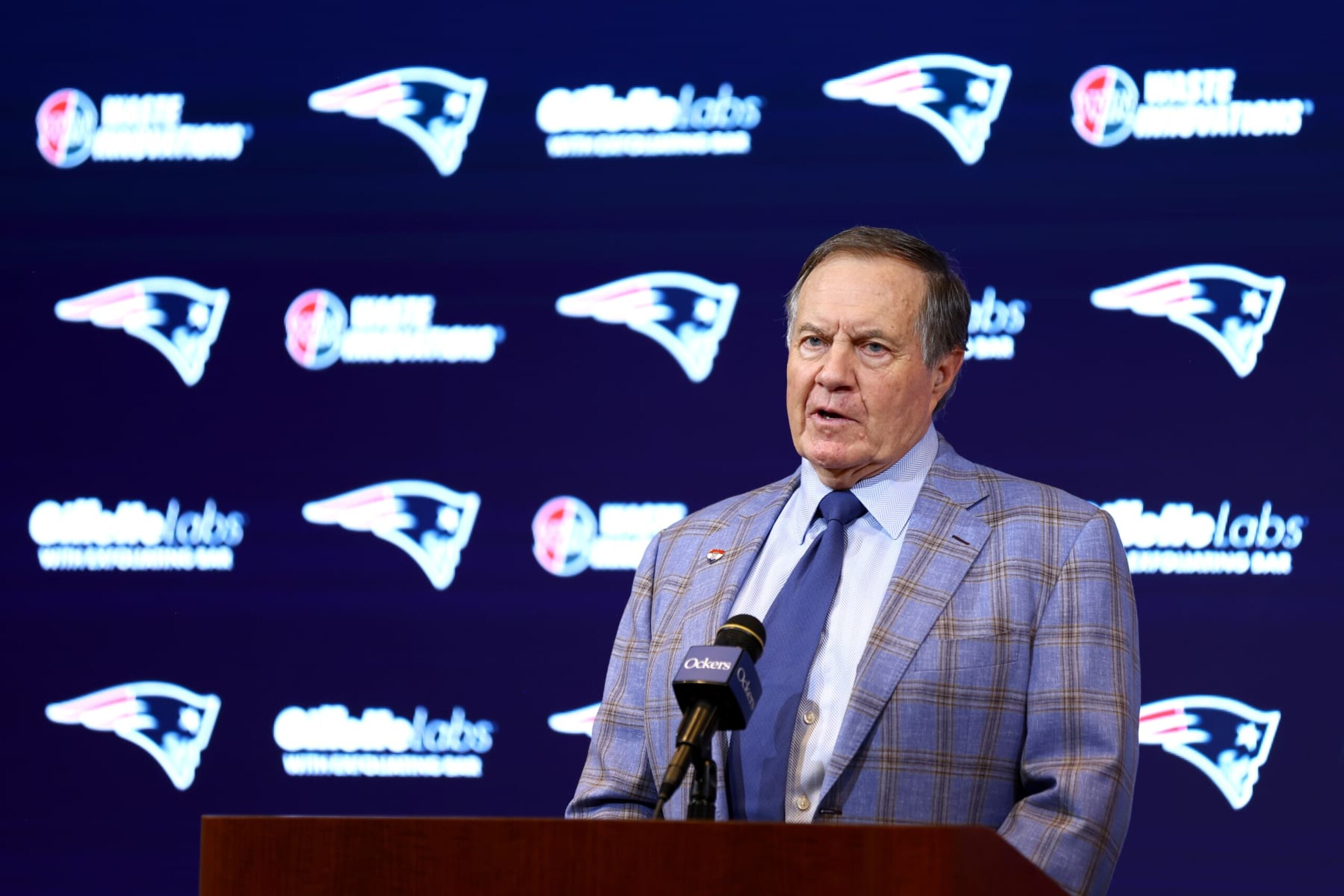 FOXBOROUGH, MASSACHUSETTS - JANUARY 11: Head coach Bill Belichick of the New England Patriots speaks to the media during a press conference at Gillette Stadium on January 11, 2024 in Foxborough, Massachusetts. Belichick announced he is stepping down as head coach after 24 seasons with the team. (Photo by Maddie Meyer/Getty Images)