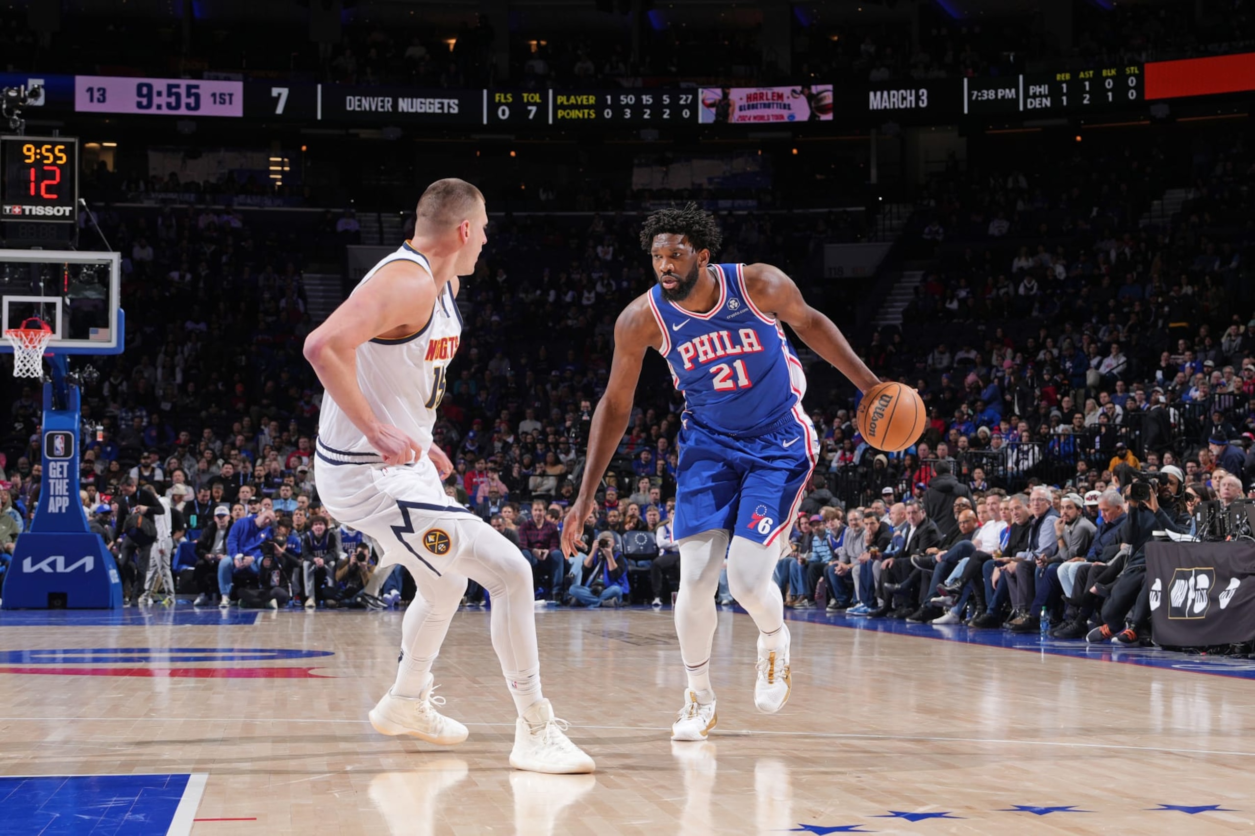 PHILADELPHIA, PA - JANUARY 16: Nikola Jokic #15 of the Denver Nuggets plays defense against Joel Embiid #21 of the Philadelphia 76ers on January 16, 2023 at the Wells Fargo Center in Philadelphia, Pennsylvania NOTE TO USER: User expressly acknowledges and agrees that, by downloading and/or using this Photograph, user is consenting to the terms and conditions of the Getty Images License Agreement. Mandatory Copyright Notice: Copyright 2024 NBAE (Photo by Jesse D. Garrabrant/NBAE via Getty Images)