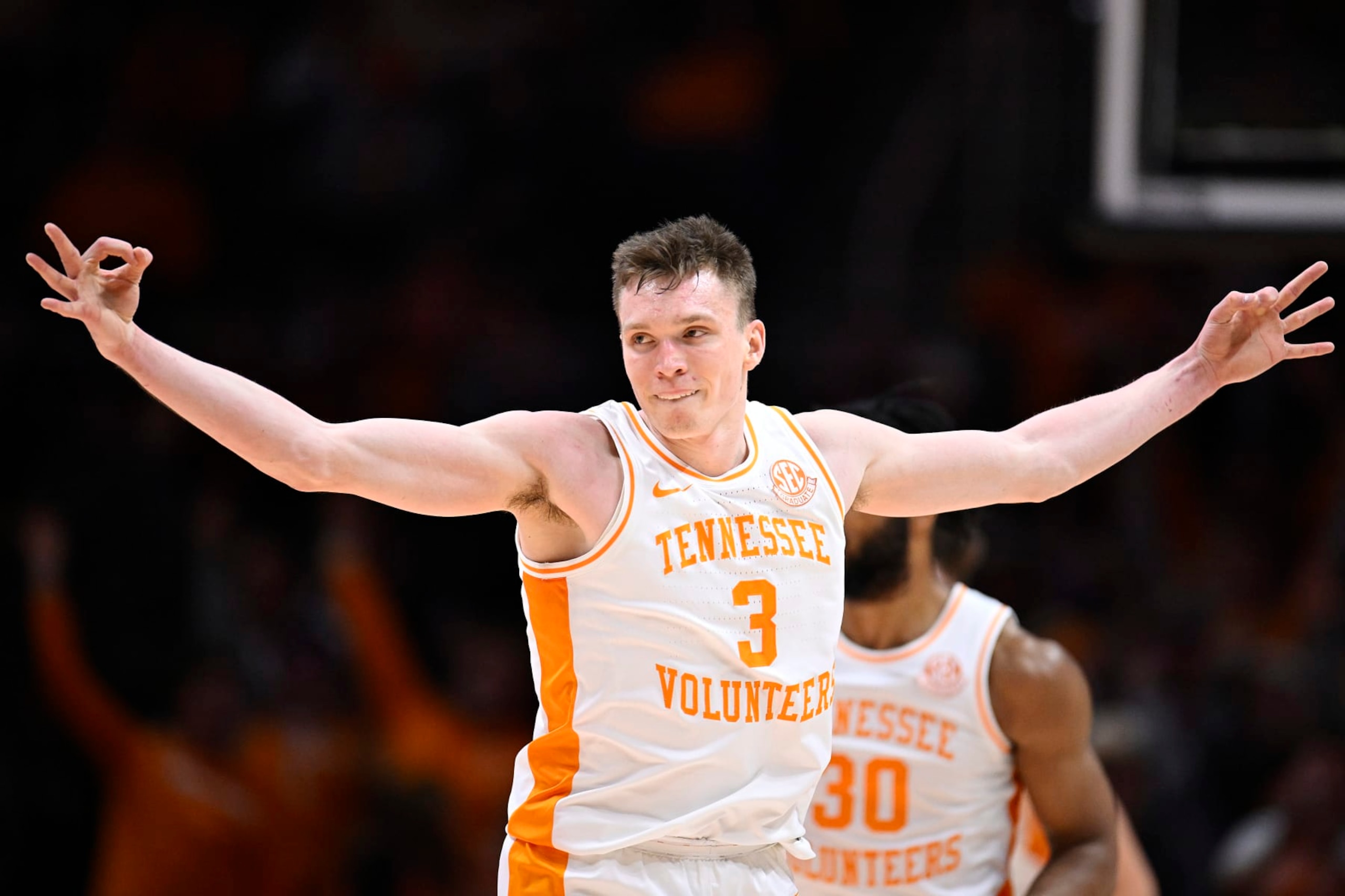 KNOXVILLE, TENNESSEE - JANUARY 16: Dalton Knecht #3 of the Tennessee Volunteers celebrates his three point basket against the Florida Gators in the first half at Thompson-Boling Arena on January 16, 2024 in Knoxville, Tennessee. (Photo by Eakin Howard/Getty Images)