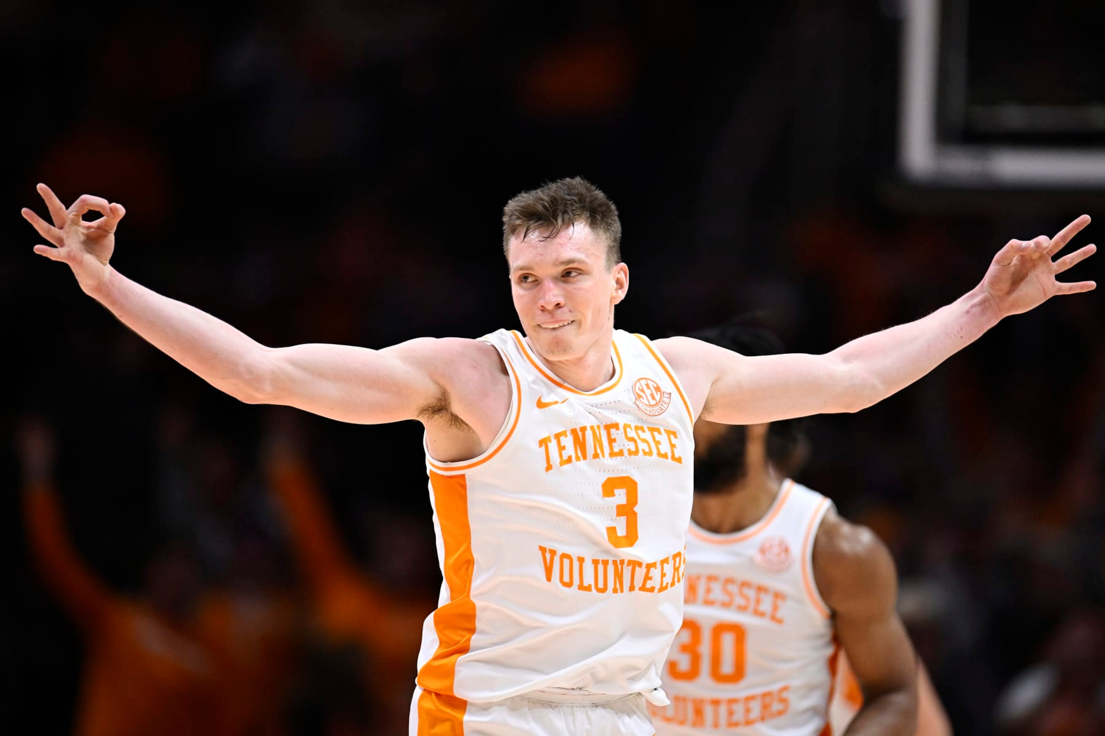 KNOXVILLE, TENNESSEE - JANUARY 16: Dalton Knecht #3 of the Tennessee Volunteers celebrates his three point basket against the Florida Gators in the first half at Thompson-Boling Arena on January 16, 2024 in Knoxville, Tennessee. (Photo by Eakin Howard/Getty Images)