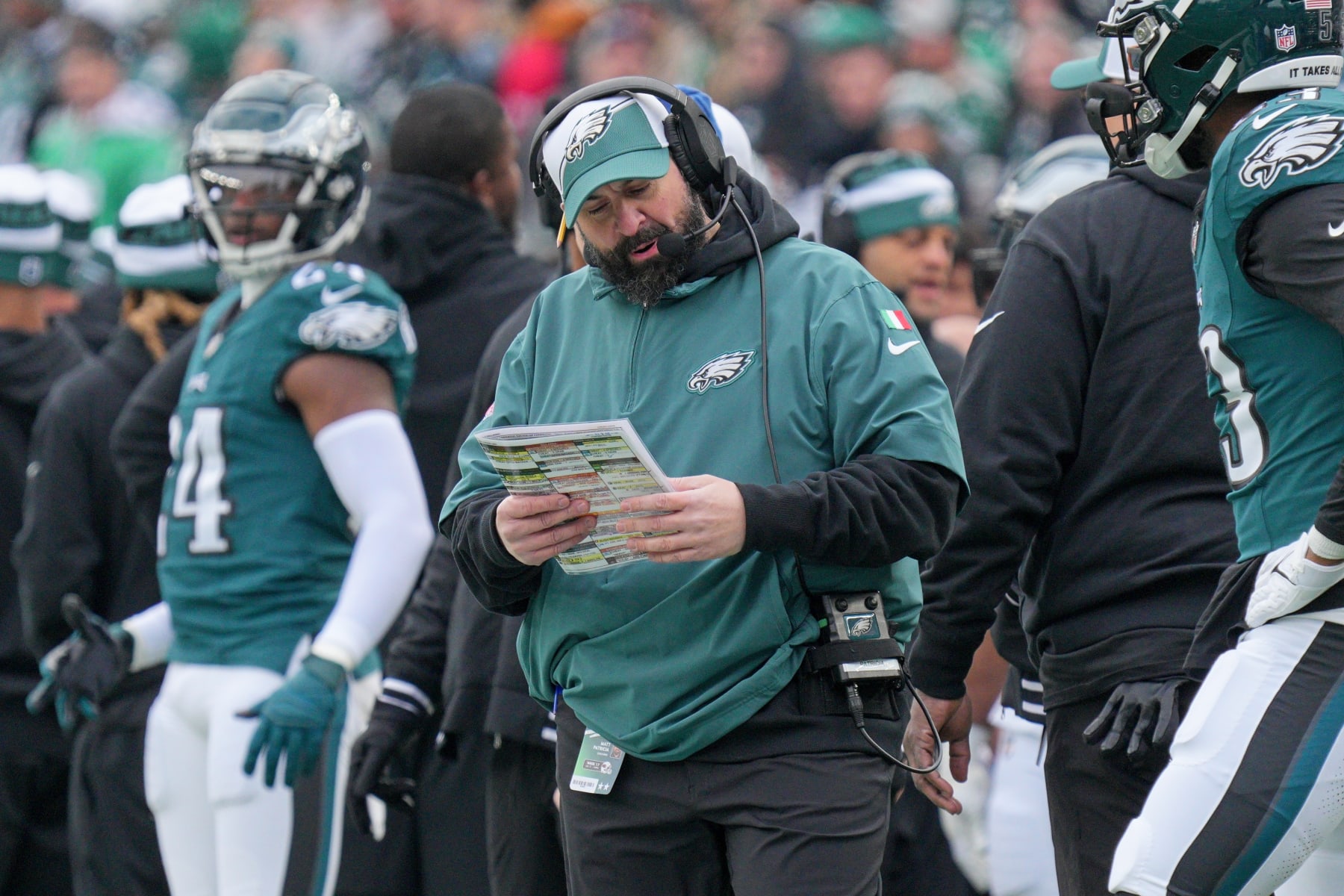 PHILADELPHIA, PA - DECEMBER 31: Philadelphia Eagles defensive coordinator Matt Patricia looks on during the game between the Arizona Cardinals and the Philadelphia Eagles on December 31, 2023 at Lincoln Financial Field. (Photo by Andy Lewis/Icon Sportswire via Getty Images)