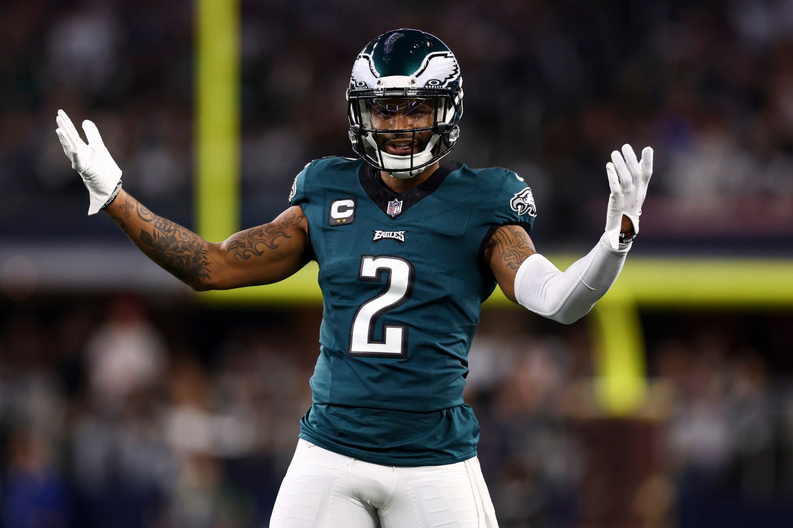 ARLINGTON, TX - DECEMBER 10: Darius Slay #2 of the Philadelphia Eagles reacts after a penalty during the first quarter against the Dallas Cowboys at AT&T Stadium on December 10, 2023 in Arlington, Texas. (Photo by Kevin Sabitus/Getty Images) ARLINGTON, TX - DECEMBER 10: Darius Slay #2 of the Philadelphia Eagles reacts after a penalty during the first quarter against the Dallas Cowboys at AT&T Stadium on December 10, 2023 in Arlington, Texas. (Photo by Kevin Sabitus/Getty Images)